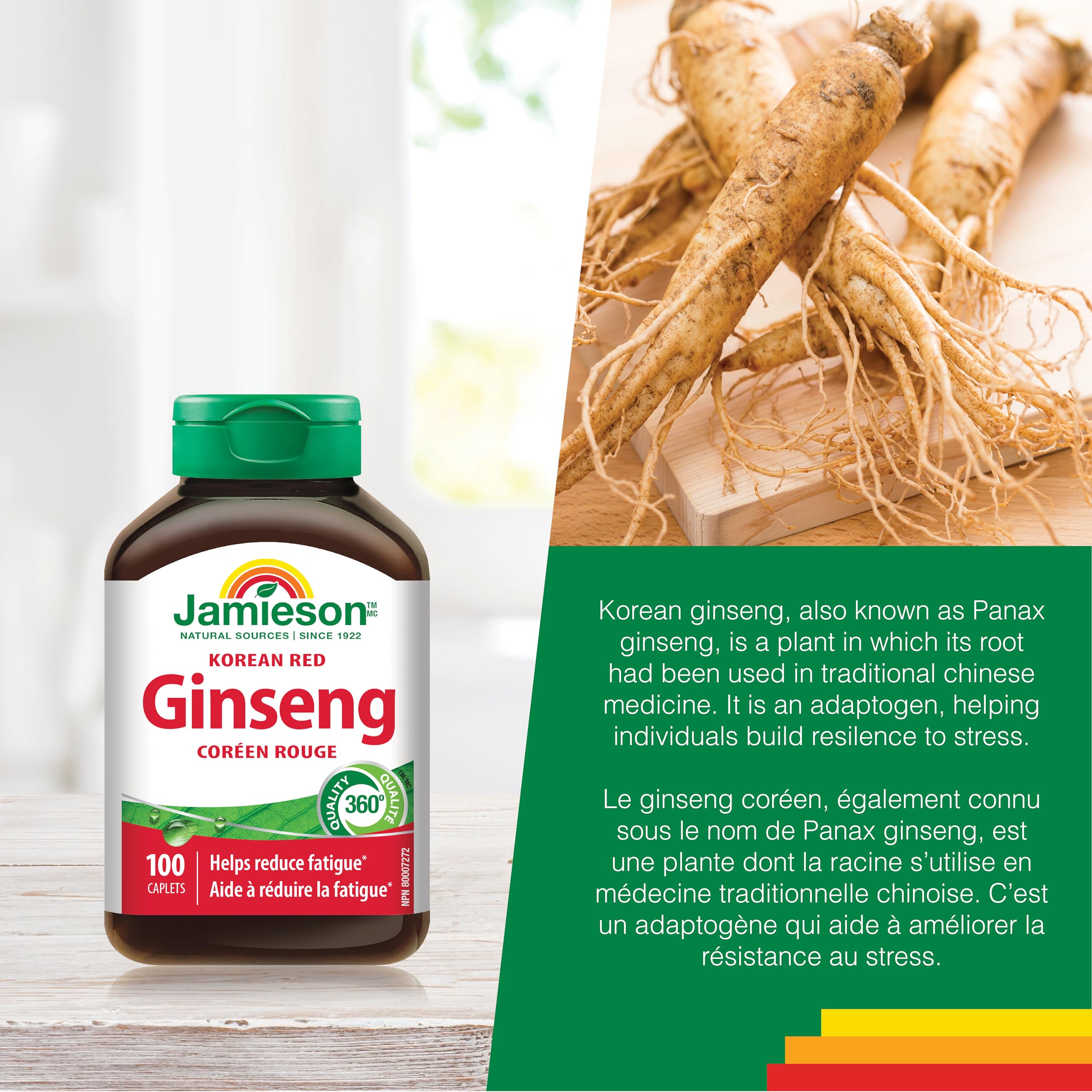 Jamieson Korean Red Ginseng, Panax Ginseng, 100 Caplets, Stress Support, Reduces Fatigue, Boosts Cognitive Health, Helps Enhance Physical Performance. Non-GMO, Proudly Canadian 🍁 All In One Marketplace Canada