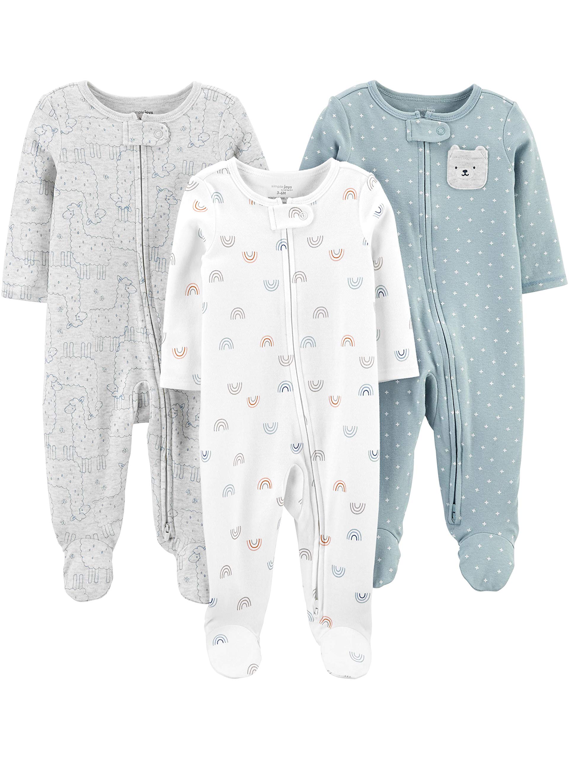 Simple Joys by Carter's Unisex-Baby 3-Pack Neutral Sleep and Play Baby and Toddler Sleepers (Pack of 3), Bear/Llama/Rainbow, 3-6 Months 🍁 All In One Marketplace Canada