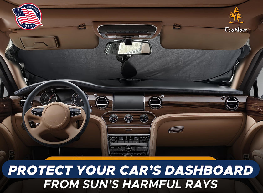 EcoNour Car Windshield Sun Shade with Storage Pouch | Durable 240T Material Car Sun Visor for UV Rays, Sun Heat Protection | Car Interior Accessories for Sun Heat | Medium Plus (64 inches x 34 inches) 🍁 All In One Marketplace Canada