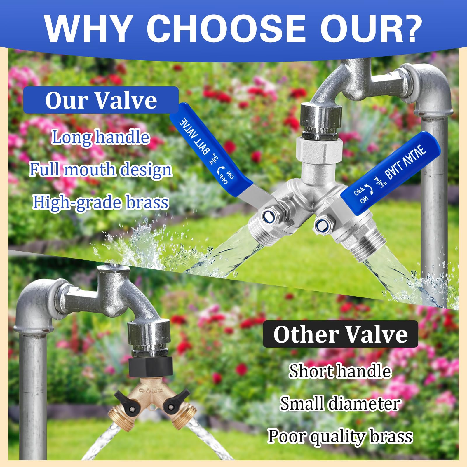 Garden Hose Splitter 2 Way, 304 Stainless Steel Heavy Duty Water Hose Splitter with Long Handle, 3/4
