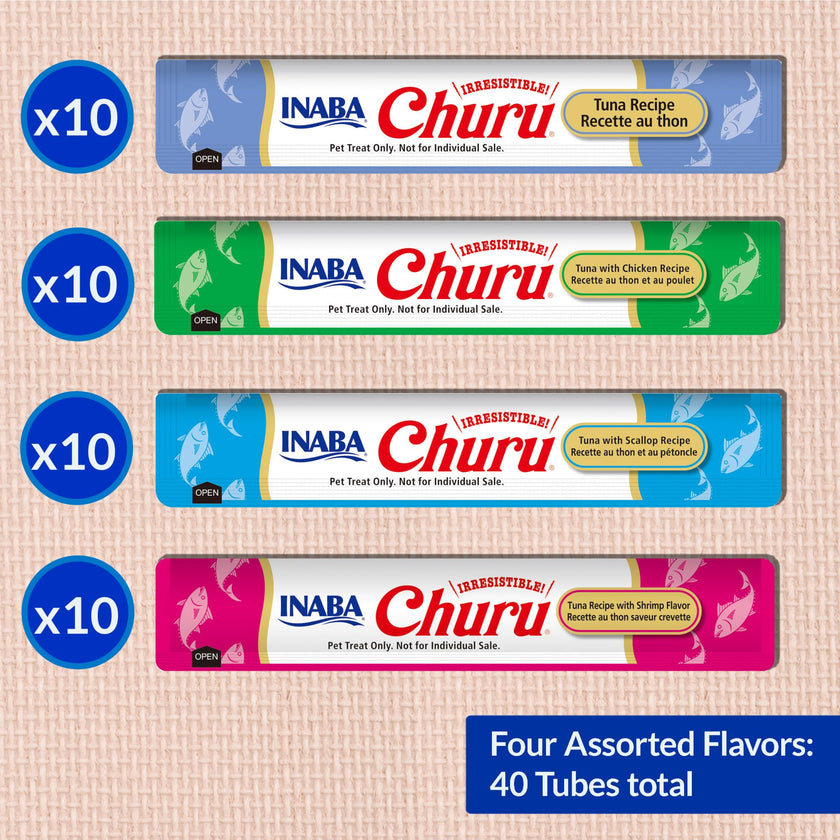 INABA Churu Cat Treats, Lickable, Squeezable Creamy Purée Cat Treat with Green Tea Extract & Taurine, 14 Grams Each Tube, 40 Tubes, Tuna & Seafood Variety Box 🍁 All In One Marketplace Canada