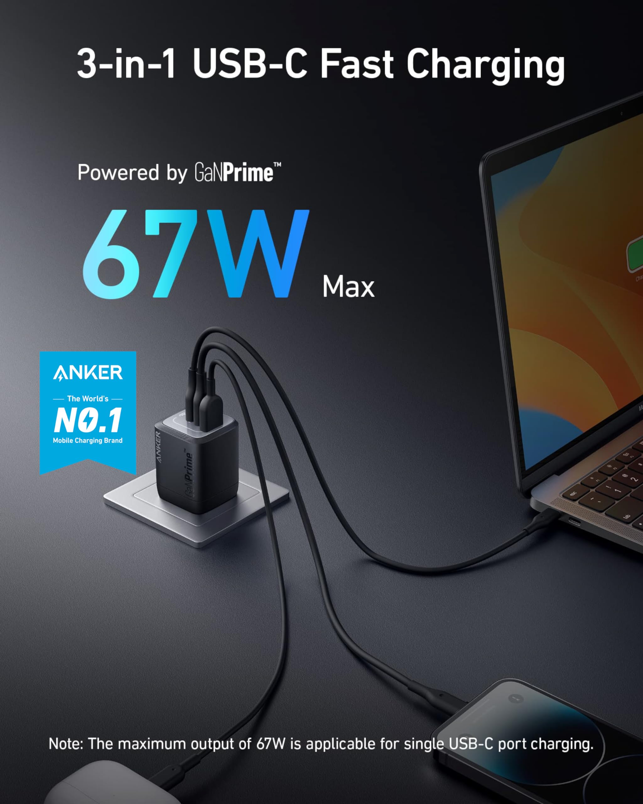 Anker Prime 67W USB C Charger, Anker GaN 3-Port Compact Fast PPS Wall Charger, for MacBook Pro/Air, Pixelbook, iPad Pro, iPhone 17/16/15/Pro, Galaxy S25/S24, Note20, Pixel, Apple Watch 🍁 All In One Marketplace Canada