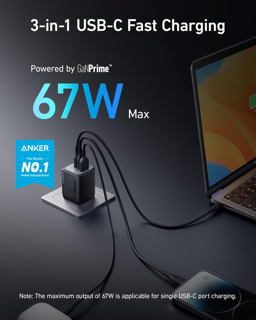 Anker Prime 67W USB C Charger, Anker GaN 3-Port Compact Fast PPS Wall Charger, for MacBook Pro/Air, Pixelbook, iPad Pro, iPhone 17/16/15/Pro, Galaxy S25/S24, Note20, Pixel, Apple Watch 🍁 All In One Marketplace Canada
