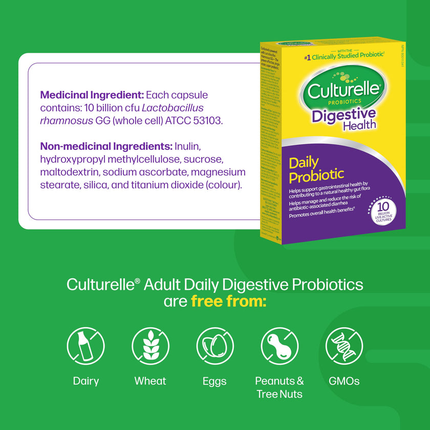Culturelle Daily Digestive Health Daily Probiotic for Men and Women, With 100% Naturally Sourced Lactobacillus GG Strain, Pharmacist Recommended Gluten Free and Vegan, 50 Count Capsules (Pack of 1) 🍁 All In One Marketplace Canada