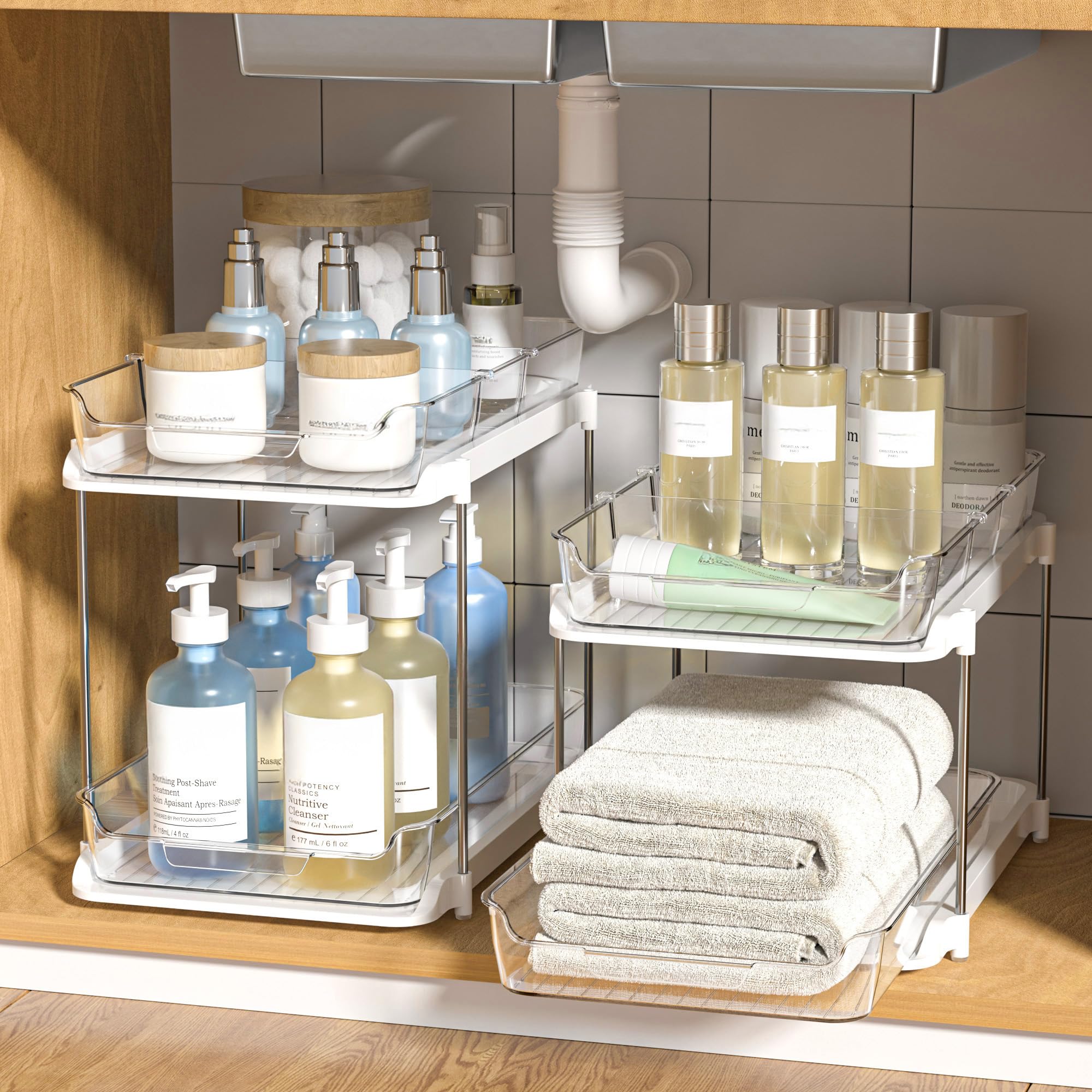 Delamu 2-Tier Multi-Purpose Bathroom Under Sink Organizers and Storage, Stackable Kitchen Pantry Organization, Pull Out Medicine Cabinet Organizer with Movable Dividers, White, 2 Pack 🍁 All In One Marketplace Canada