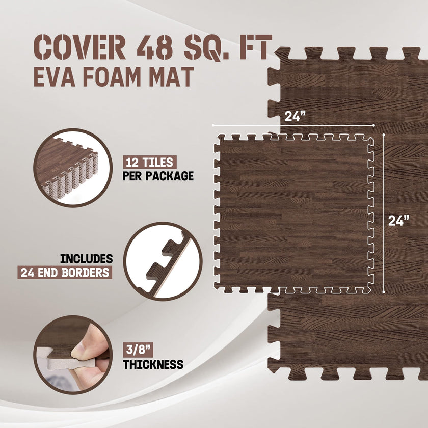 Yes4All EVA Interlocking Mats, Puzzle Floor Tiles, Foam Floor Padding with Border for Furniture, Home Space, Living Room, Garage - Dark Oak Wood, 4.46 m2 🍁 All In One Marketplace Canada