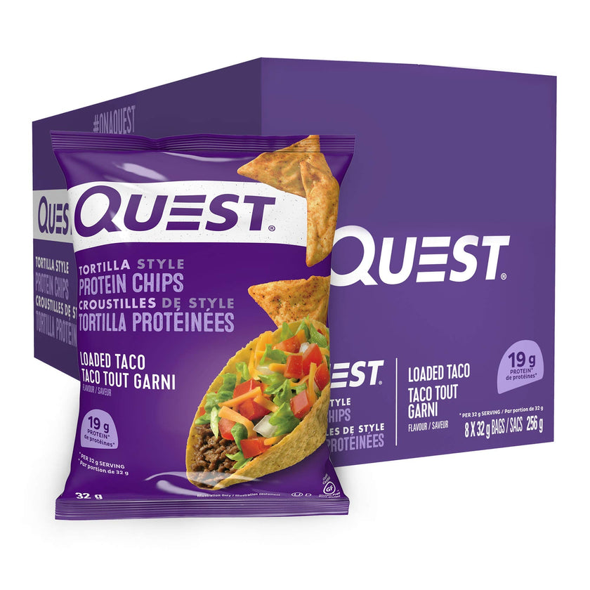 Quest Nutrition Tortilla Style Protein Chips, Loaded Taco, High Protein, Baked, Not Fried, Gluten Free, 1g Sugar, 5g Carbs, 8ct 🍁 All In One Marketplace Canada
