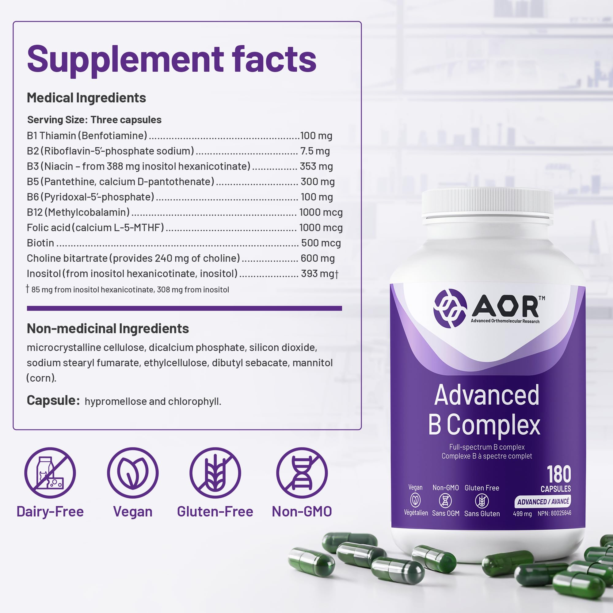 AOR Advanced B Complex Capsules, 180 Count 180-Day Supply - Full-Spectrum B Vitamin Blend with B1, B2, B3, B5, B6, B12, Inositol, Folic Acid & Biotin - Vegan, Non-GMO & Gluten-Free - Promotes Energy 🍁 All In One Marketplace Canada