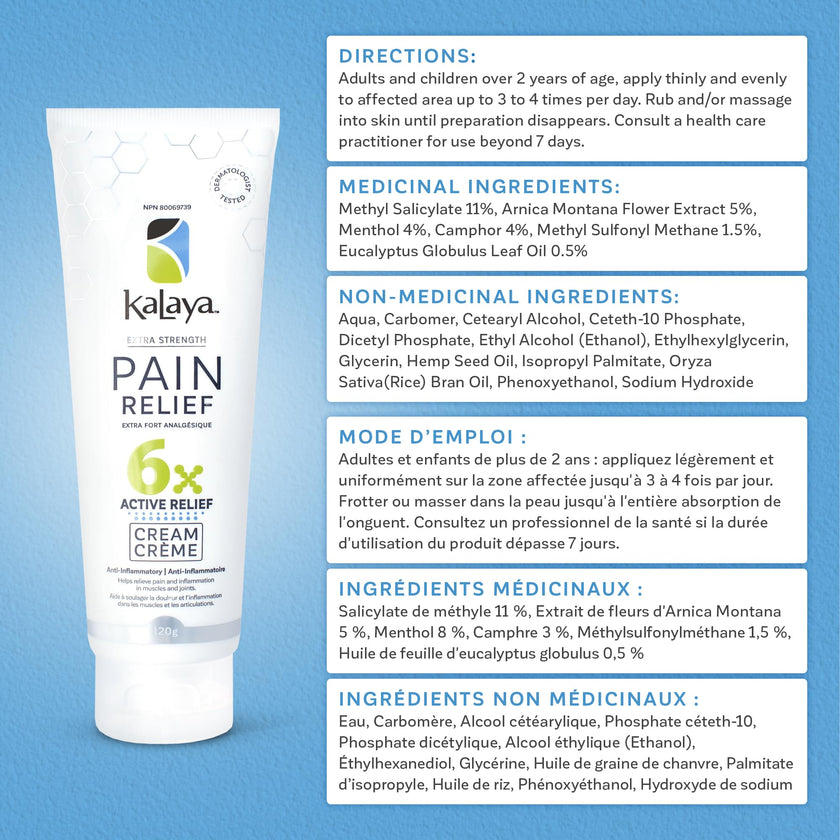 KaLaya 6X Extra Strength Pain Relief Cream with Arnica for Arthritis, Joint, Muscle, Back, Neck, Shoulder, Hand and Knee Pain- Medically formulated with 6 Natural Active, Pain Blocking & Anti inflammatory Ingredients (120g - Pack of 3)