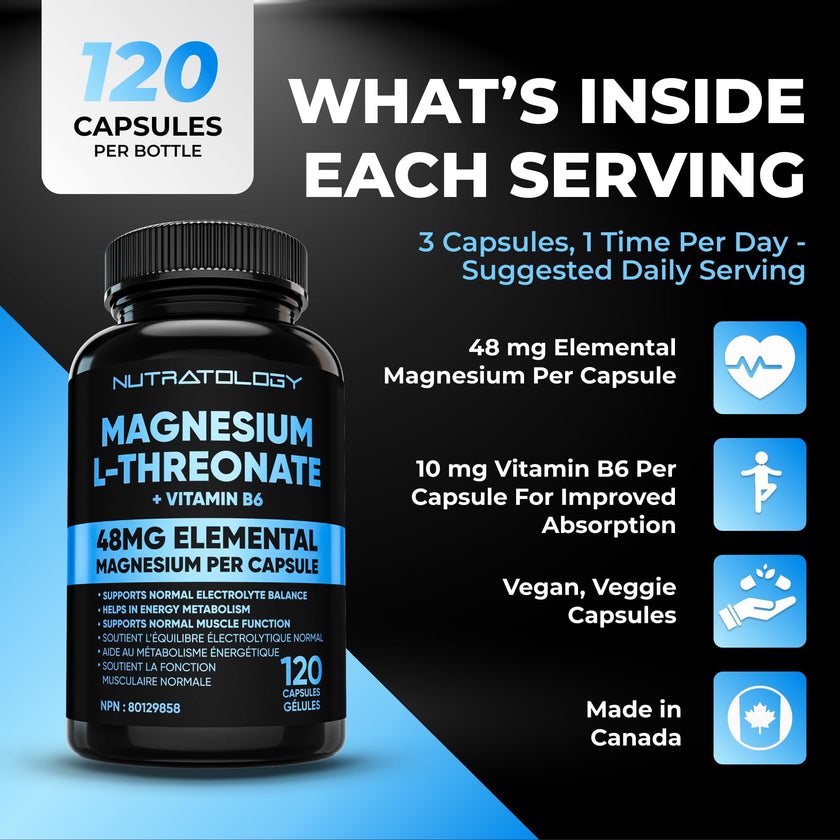 Nutratology® Magnesium L-Threonate + Vitamin B6 | Canadian-Made | Formulated To Help Support Heart & Muscle Function - Balances Electrolytes, Supports Energy Metabolism & Tissue Formation - 120 Count 🍁 All In One Marketplace Canada