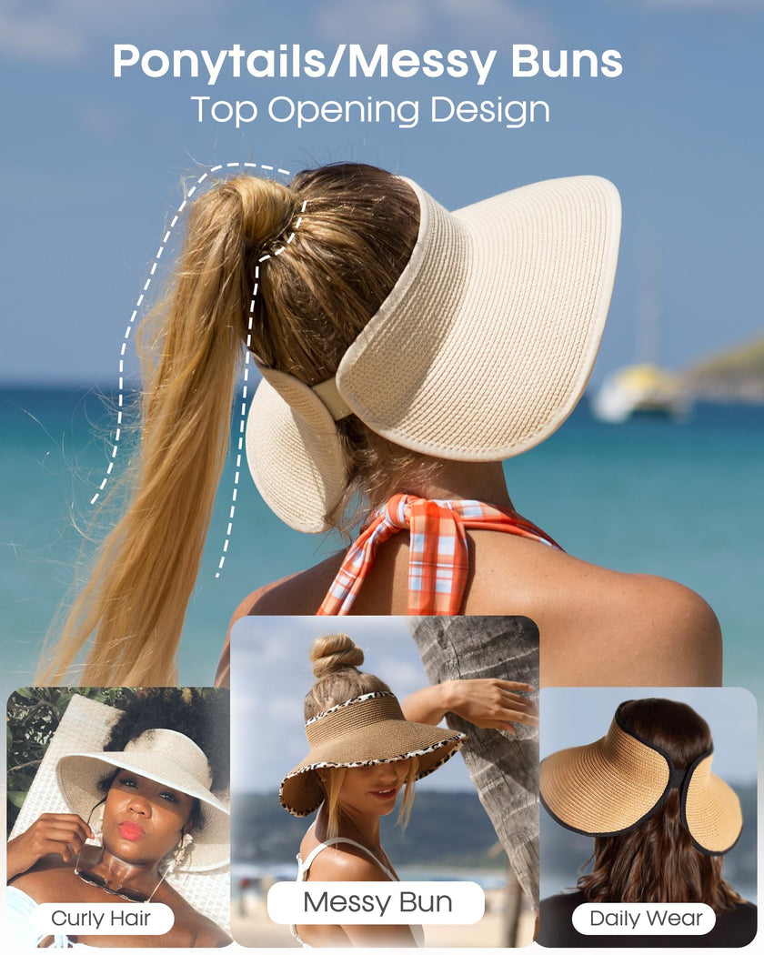 FURTALK Sun Visor Hats for Women Wide Brim Straw Roll Up Ponytail Summer Beach Hat UV UPF 50 Packable Foldable Travel 🍁 All In One Marketplace Canada