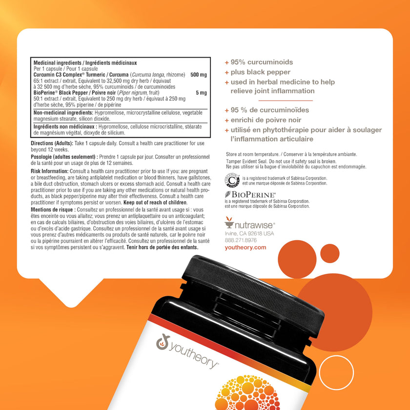 Youtheory Turmeric Curcumin with Black Pepper, Powerful Antioxidant Properties to Help Relieve Joint Inflammation, 45 Capsules 🍁 All In One Marketplace Canada