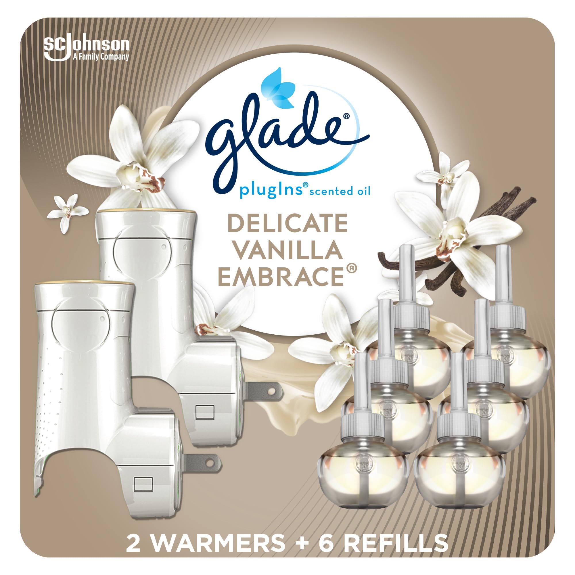 Glade PlugIns Air Freshener Refill Oil Kit, Long Lasting Scented Plug In with Essential Oils for Home, Bathroom & Kitchens, Delicate Vanilla Embrace, 2 Warmers + 6 Refills 🍁 All In One Marketplace Canada