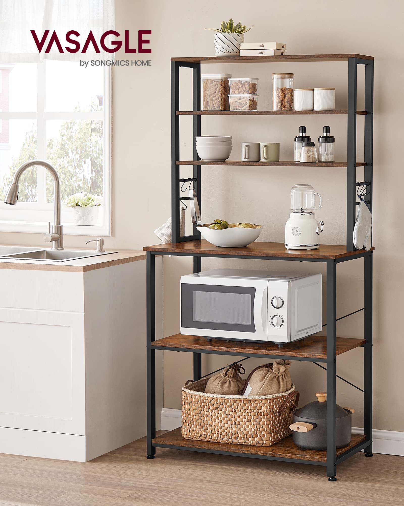VASAGLE Coffee Bar, Baker’s Rack for Kitchen with Storage, 6-Tier Kitchen Shelves with 6 Hooks, Microwave Stand, Industrial, 15.7 x 31.5 x 65.7 Inches, Rustic Brown and Black UKKS019B01 🍁 All In One Marketplace Canada