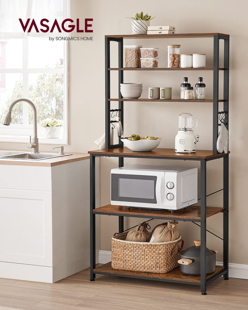 VASAGLE Coffee Bar, Baker’s Rack for Kitchen with Storage, 6-Tier Kitchen Shelves with 6 Hooks, Microwave Stand, Industrial, 15.7 x 31.5 x 65.7 Inches, Rustic Brown and Black UKKS019B01 🍁 All In One Marketplace Canada