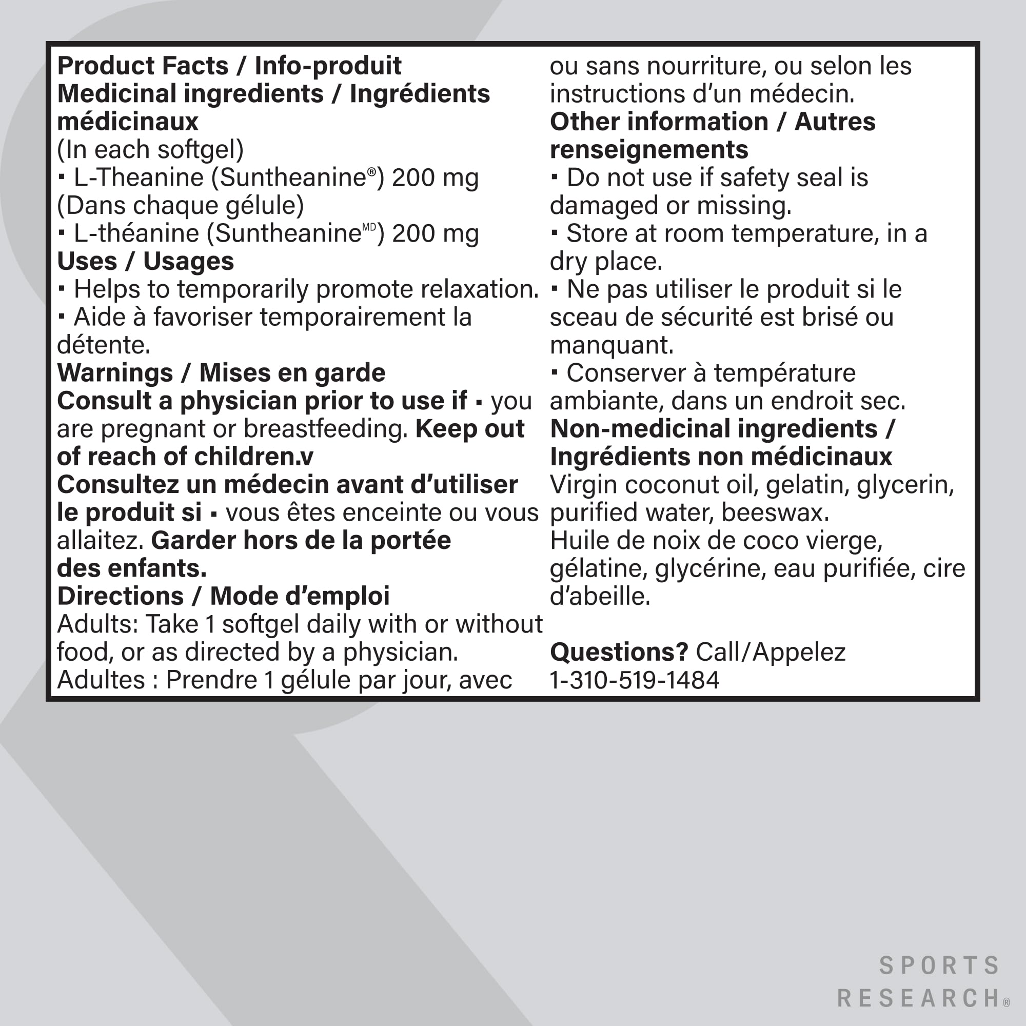 Sports Research® Double Strength ‘Suntheanine’ L-Theanine with Organic Coconut Oil - Promotes Alertness, Focus, and Relaxation without Drowsiness - 200 mg L Theanine Supplement - 60 Softgel Capsules 🍁 All In One Marketplace Canada