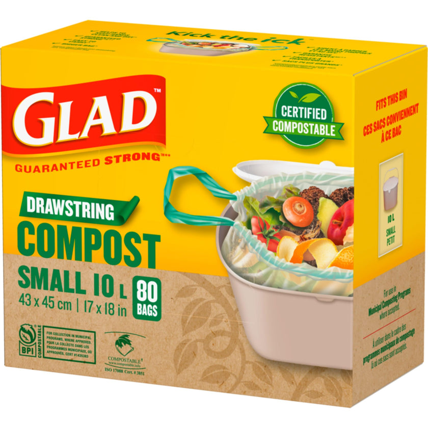 Glad Certified Compostable Drawstring Bags - Small 10 Litres - Drawstring, 80 Compost Trash Bags - Unscented 🍁 All In One Marketplace Canada