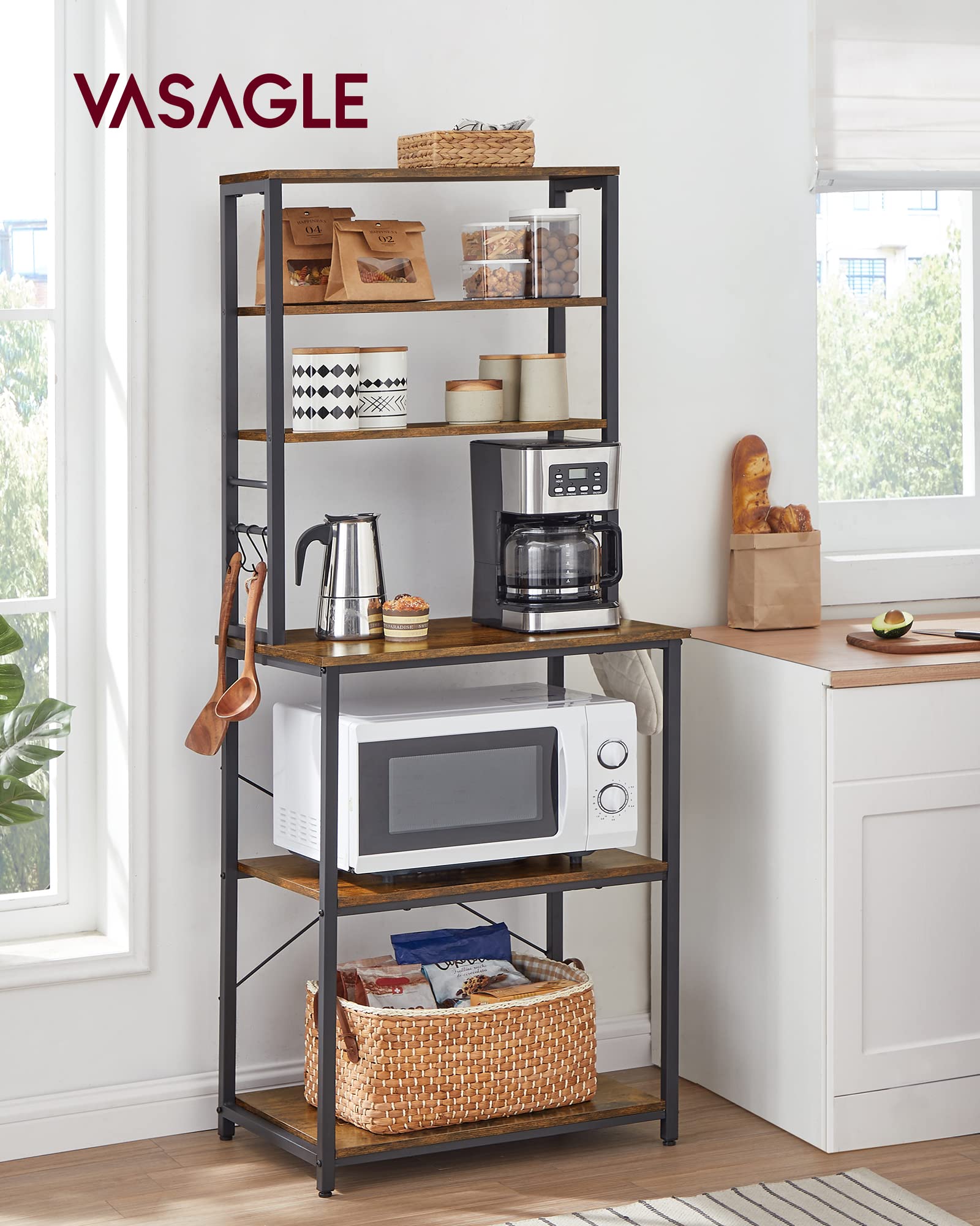 VASAGLE Coffee Bar, Baker’s Rack for Kitchen with Storage, 6-Tier Kitchen Shelves with 6 Hooks, Microwave Stand, Industrial, 15.7 x 23.6 x 65.7 Inches, Rustic Brown and Black UKKS024B01 🍁 All In One Marketplace Canada