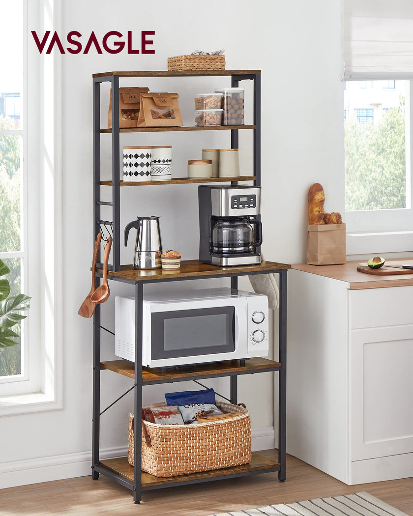 VASAGLE Coffee Bar, Baker’s Rack for Kitchen with Storage, 6-Tier Kitchen Shelves with 6 Hooks, Microwave Stand, Industrial, 15.7 x 23.6 x 65.7 Inches, Rustic Brown and Black UKKS024B01 🍁 All In One Marketplace Canada