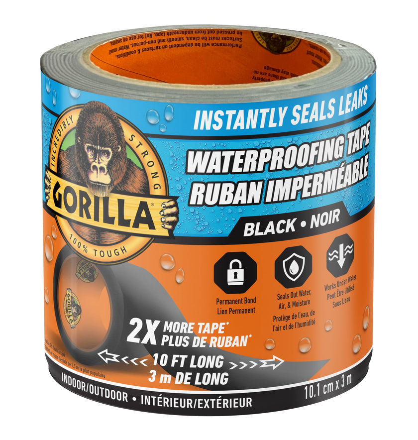 Gorilla Waterproof Patch & Seal Tape, Heavy-Duty, Instantly Seals, Works Underwater, Indoor/Outdoor, Flexible Permanent Bond, 4 in x 10 ft, Black, 1 Pack 🍁 All In One Marketplace Canada