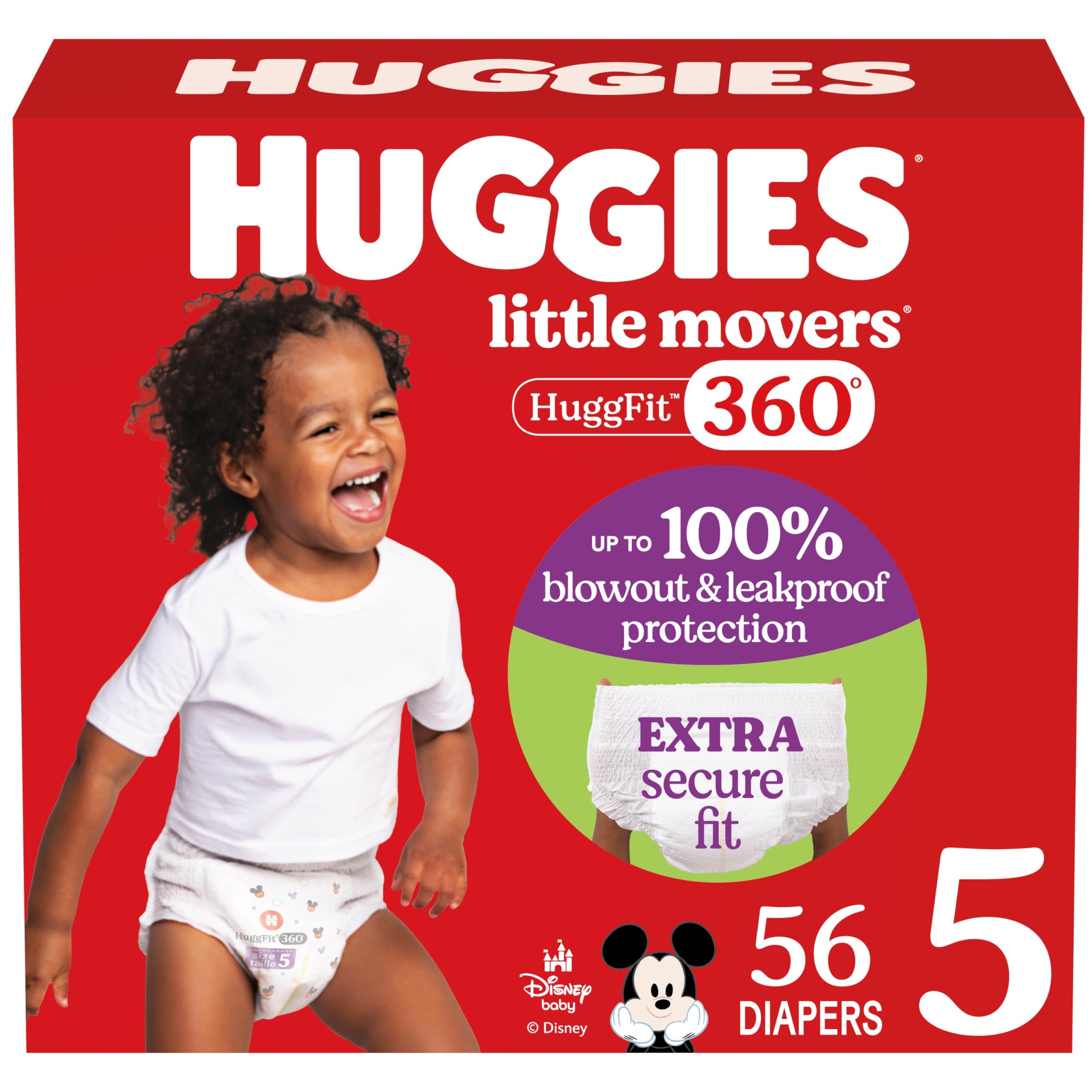 Huggies Size 5 Baby Diapers, Little Movers HuggFit 360° Baby Diapers with 360° Waistband, Size 5 (27+ lbs), 56 Count, Packaging May Vary 🍁 All In One Marketplace Canada