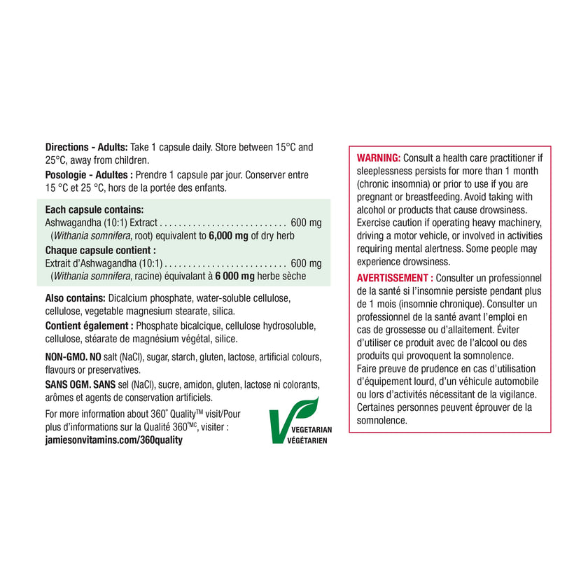 Jamieson High-Potency Ashwagandha 6,000 mg, Increases Resistance to Stress, Adaptogen, and Enhances Memory. Non-GMO, Vegetarian, Gluten-Free, Only One Per Day, 60 Capsules 🍁 All In One Marketplace Canada