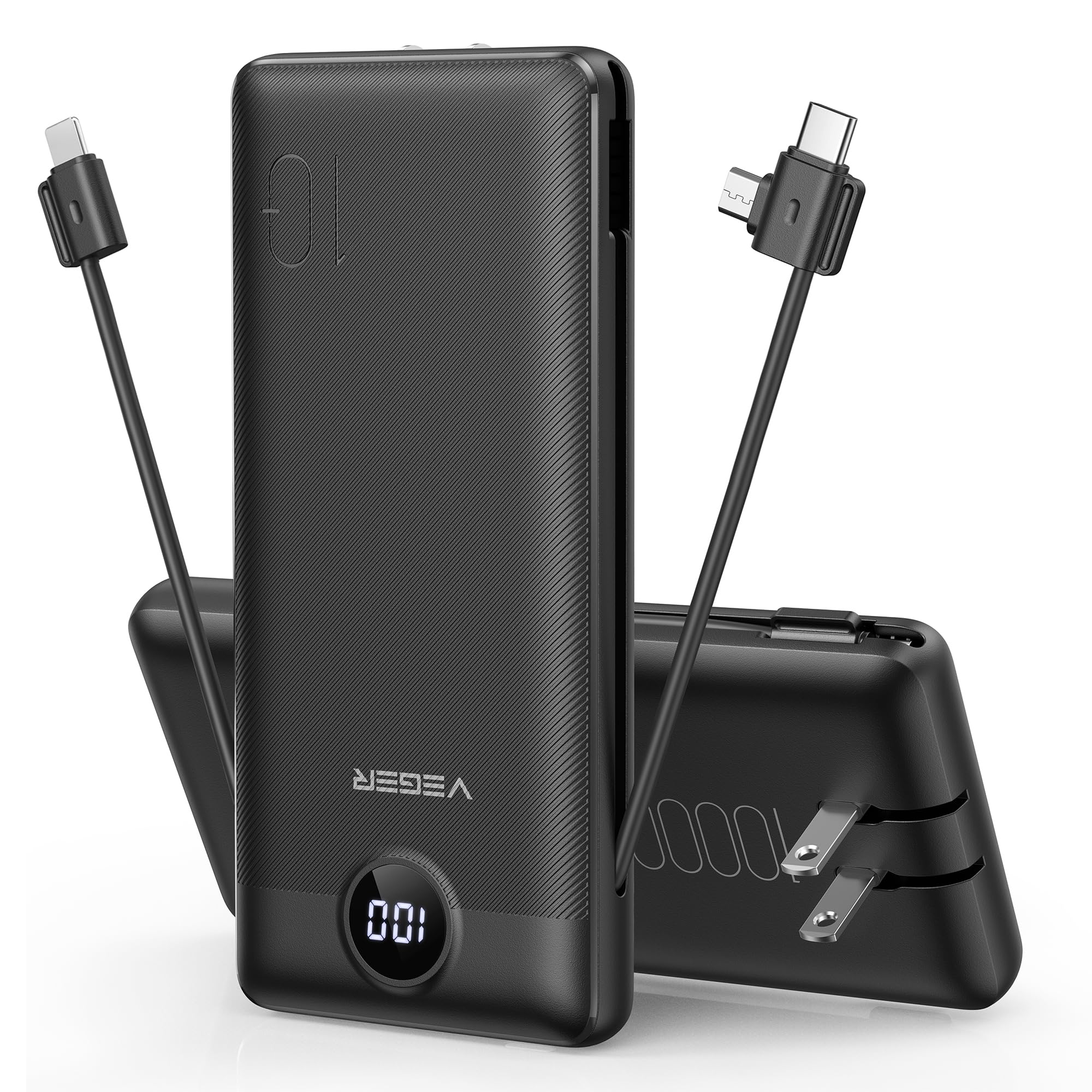 VEGER Portable Charger for iPhone Built in Cables and Wall Plug, 10000mah Slim Fast Charging USB C Power Bank, Travel Essential Battery Pack Compatible with iPhones, iPad, Samsung More Devices(Black) 🍁 All In One Marketplace Canada