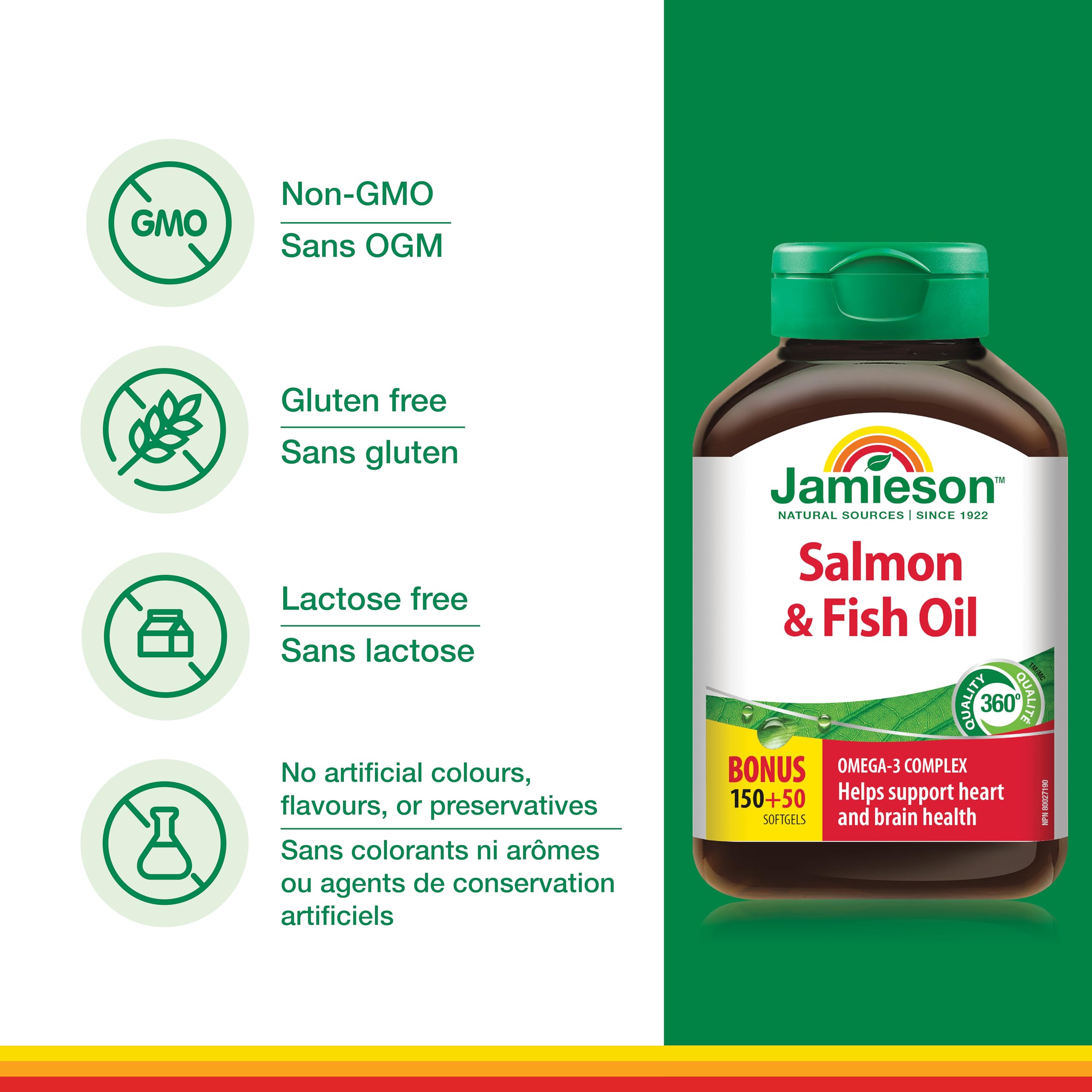 Jamieson Salmon and Fish Oil 1,000 mg Softgels, Bonus Size, Supports Heart and Brain Health. With Wild Salmon, EPA and DHA, Non-GMO, Gluten-Free, 200 Count, Proudly Canadian 🍁 All In One Marketplace Canada