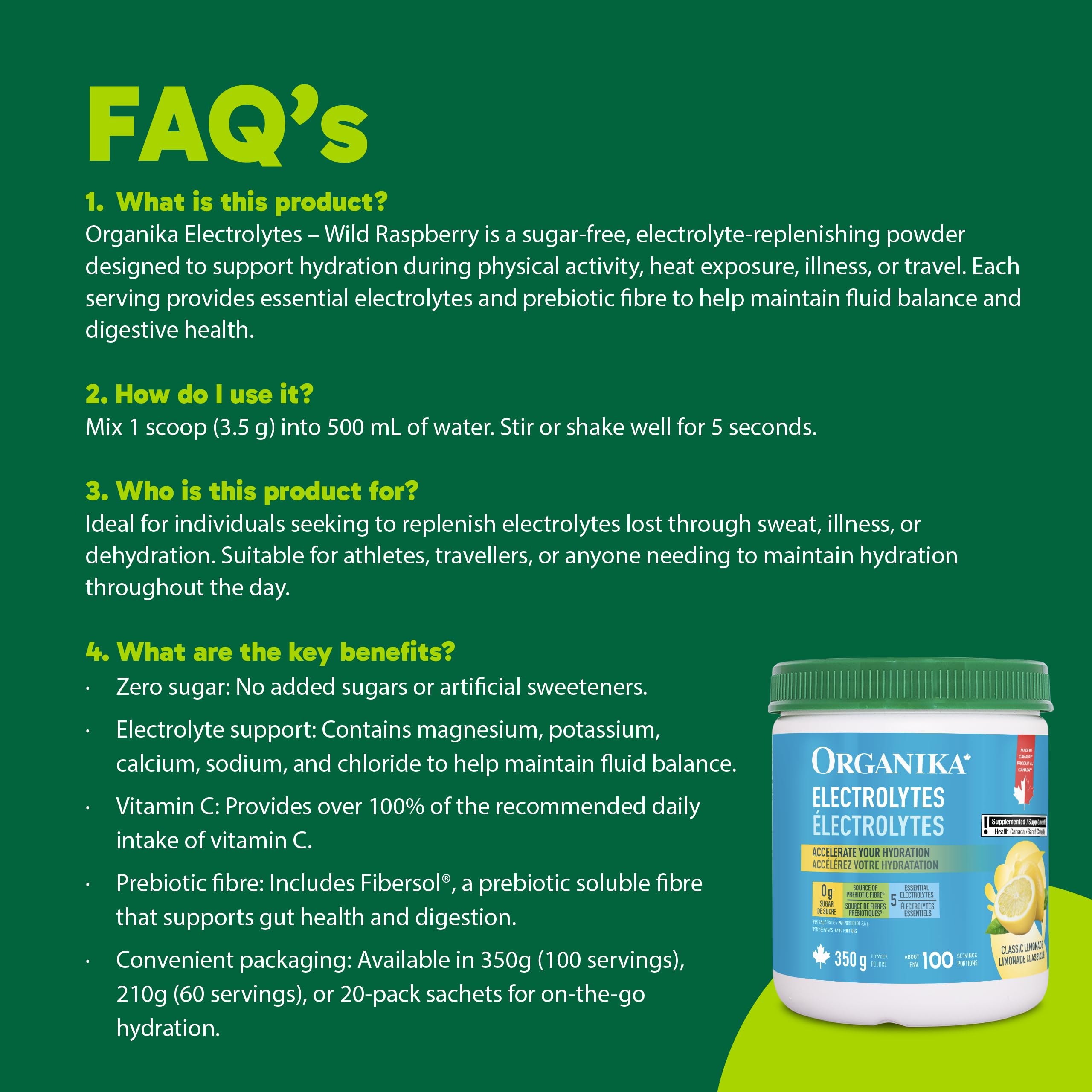 Organika Canadian-Made Electrolytes Powder with Vitamin C & Prebiotic Fibre - Sugar-Free Hydration Drink Mix - Classic Lemonade - 350 g - 100 servings 🍁 All In One Marketplace Canada