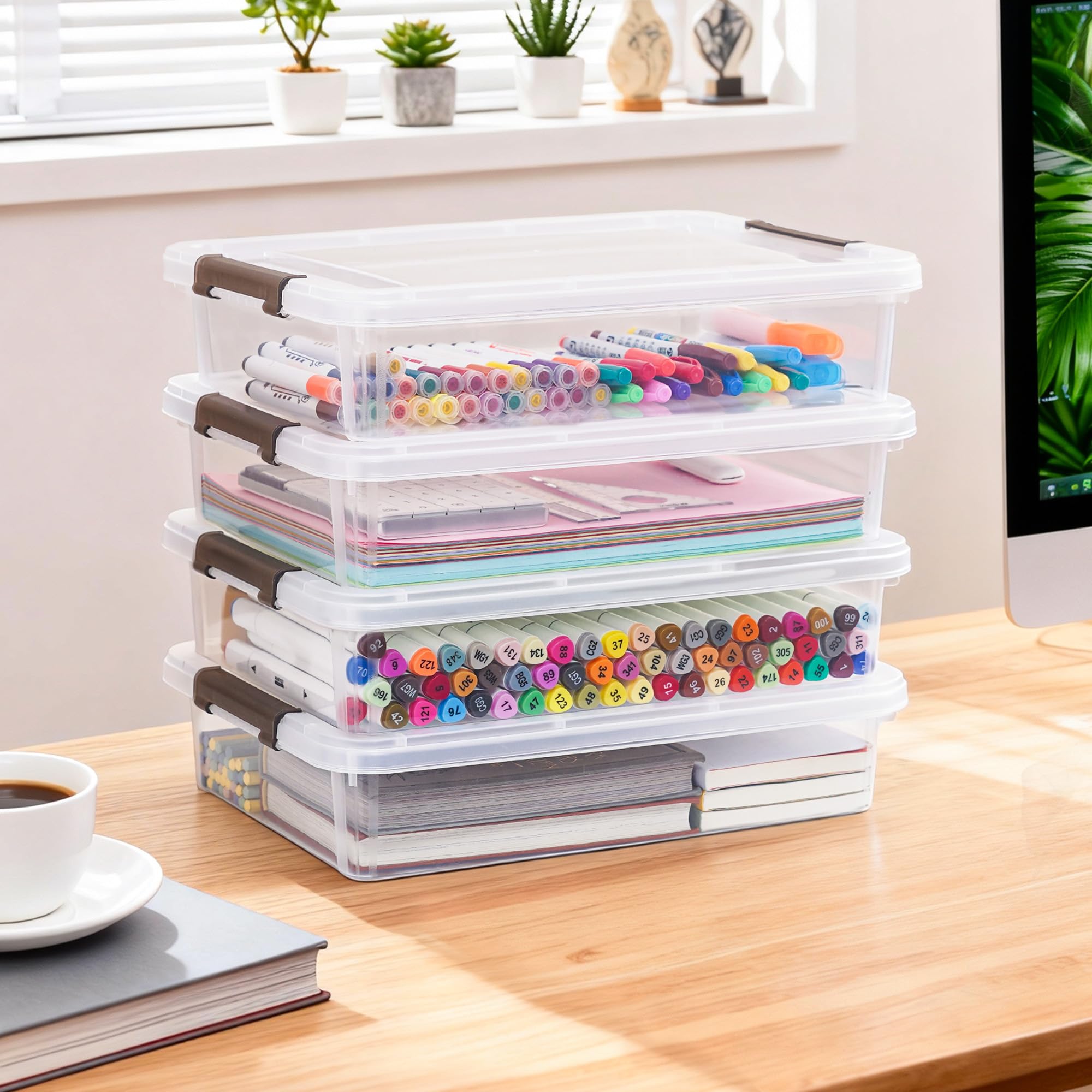 Citylife 3 PCS Plastic Storage Bins with Latching Lids Clear File Box Portable Storage Containers for Organizing A4 Paper, Document, Scrapbook, 14.65