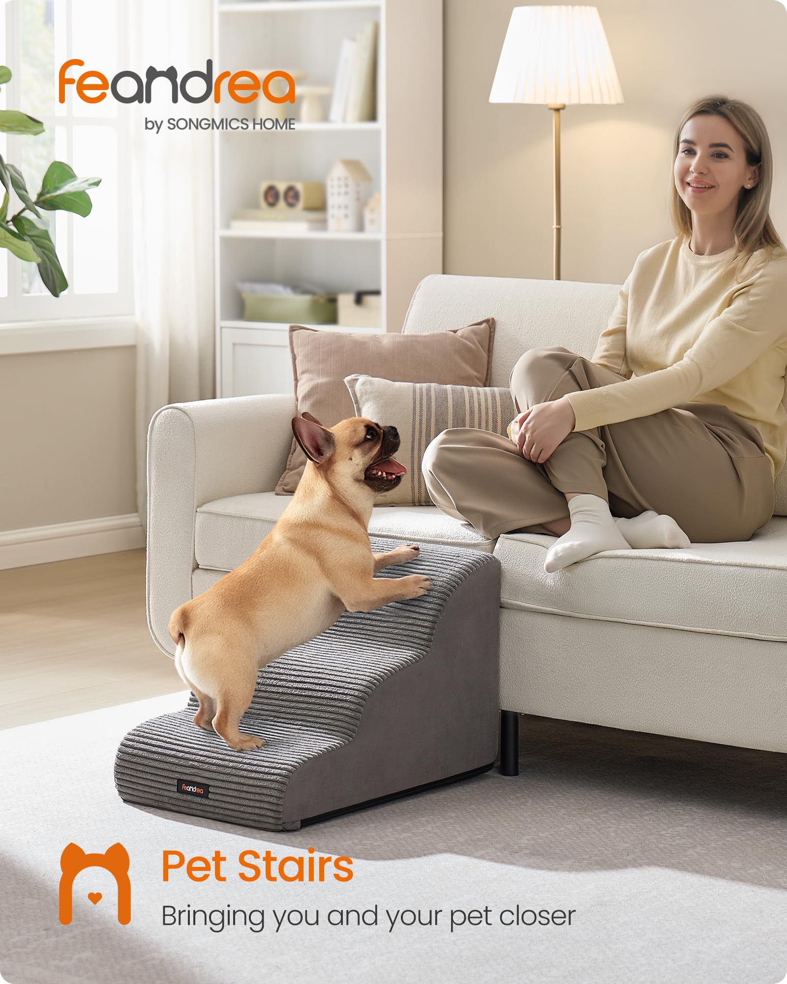 Feandrea 3-Step Dog Stairs, Dog Steps for Bed, Sofa, Waterproof Pet Stairs with Anti-Slip Designs, Gentle Slope, Removable Washable Cover, Handle, Dove Grey UPPS003G01 🍁 All In One Marketplace Canada