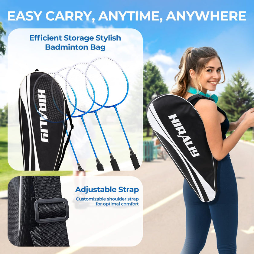 HIRALIY Badminton Rackets for Outdoor Backyard Games, Lightweight Badminton Set of 4 for Kids & Adults & Beginners, Including 4 Rackets, 12 Nylon Shuttlecocks, 4 Replacement Grip Tapes, 1 Carrying Bag 🍁 All In One Marketplace Canada