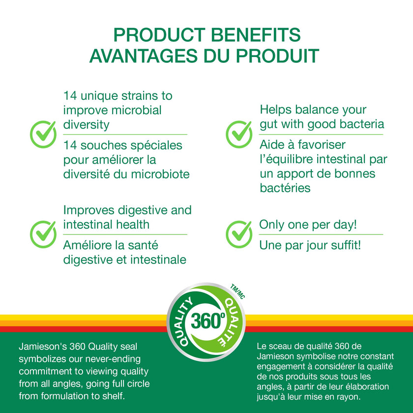 Jamieson Probiotic 10 Billion CFU, 60 Veggie Capsules, Daily Maintenance, Intestinal & Digestive Health. 14 Unique Strains to Improve Microbial Diversity, Bifidobacterium and Lactobacillus, Non-GMO 🍁 All In One Marketplace Canada