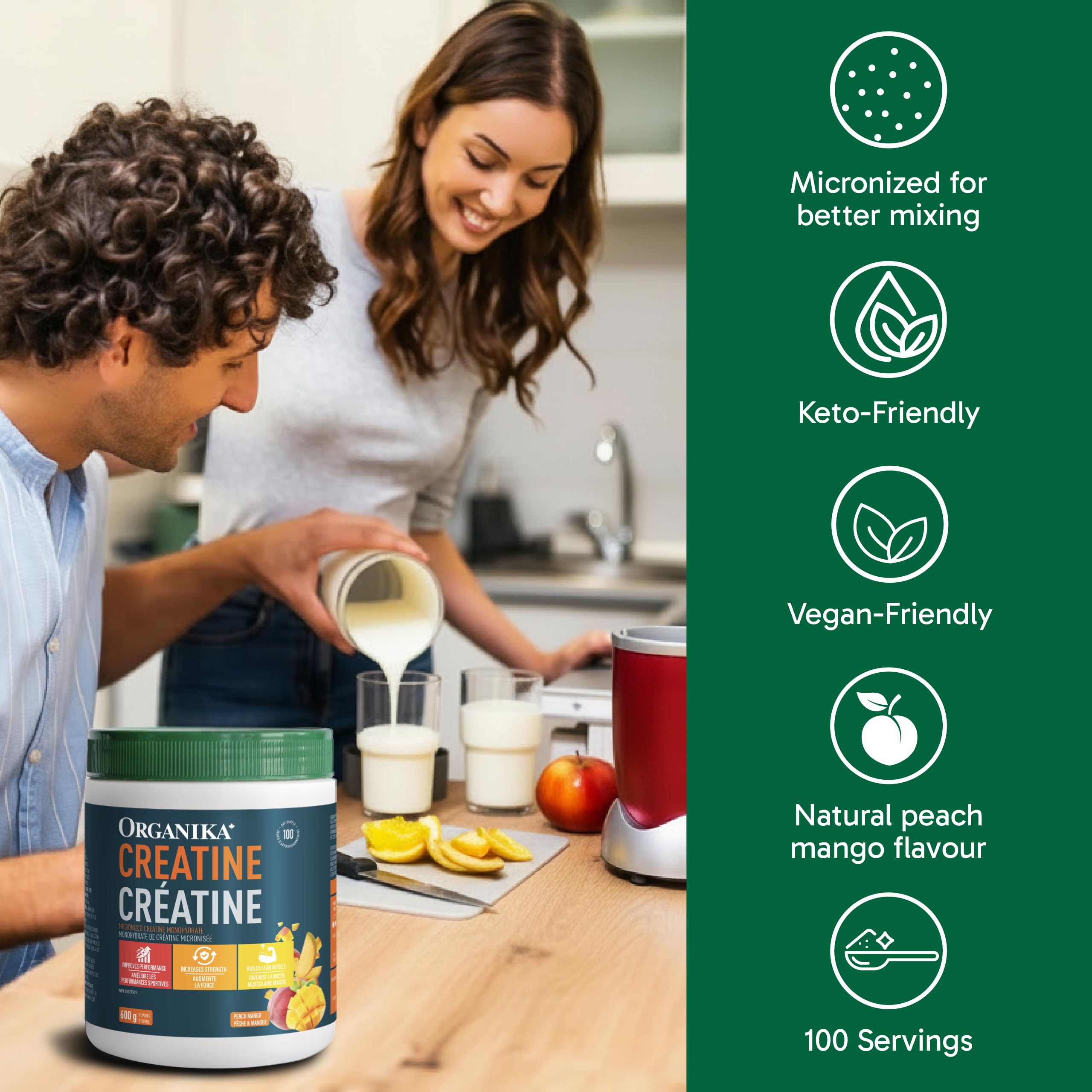 Organika Canadian-Made Creatine Powder- Peach Mango- Pure Micronized Creatine Monohydrate - Helps Build Lean Muscle, Increase Strength, and Improved Recovery and Performance for Men and Women - 600g 🍁 All In One Marketplace Canada