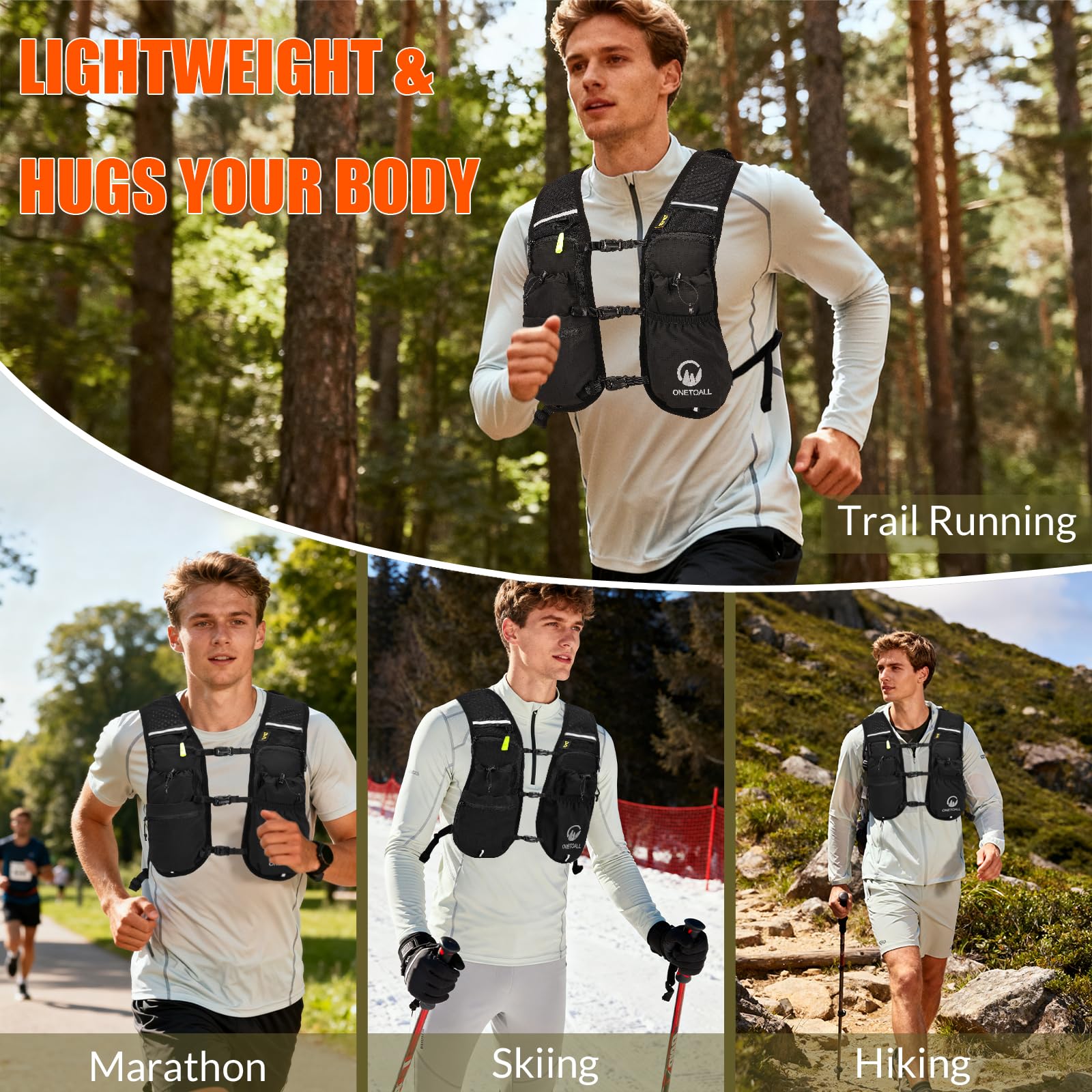 ONETOALL Running Vest for Women & Men, Hydration Backpack 6L - 1x 500ml Flask Included, 16 Reflective Points, Emergency Whistle, Lightweight Breathable for Trail Running, Hiking (Black) 🍁 All In One Marketplace Canada