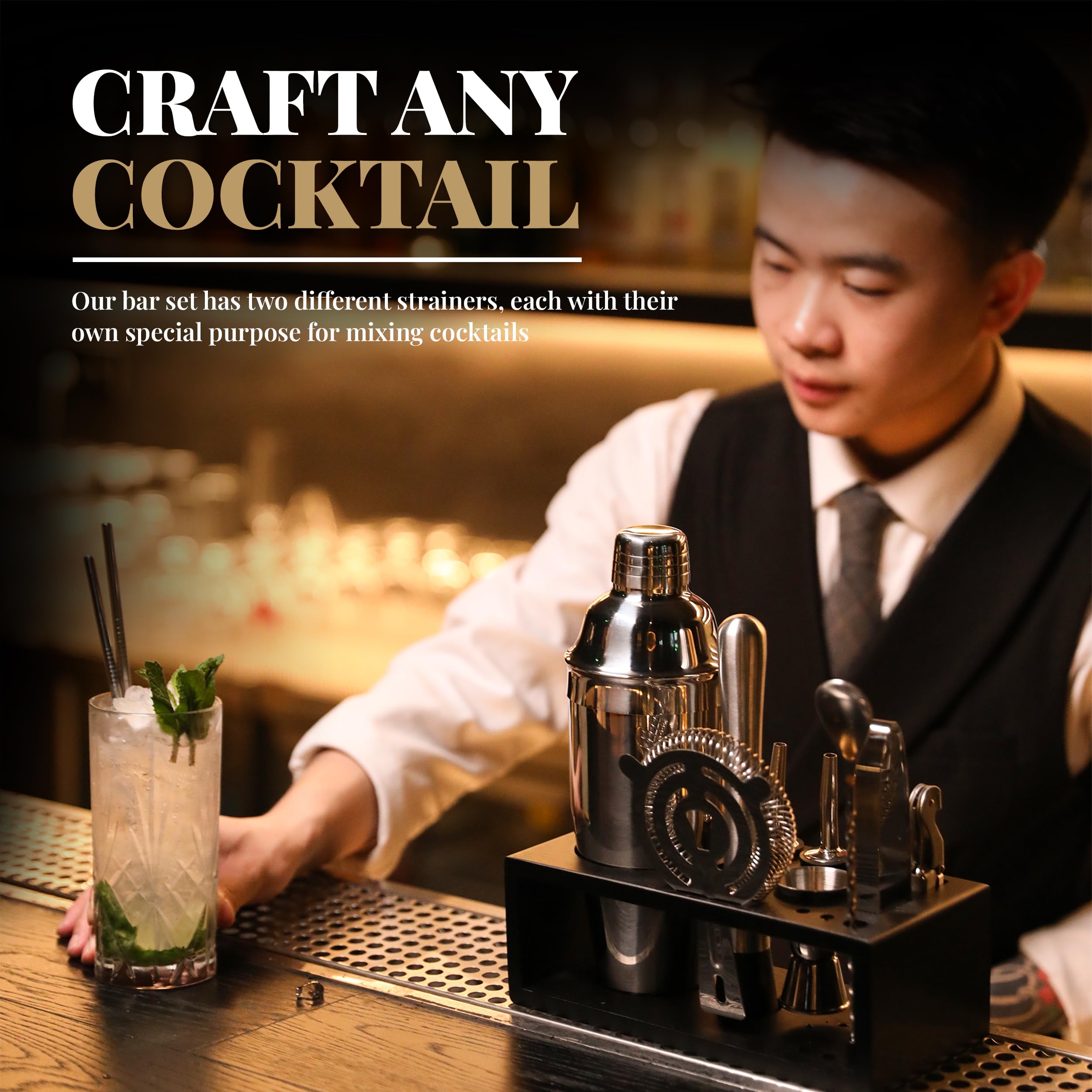 Mixology Bartender Kit with Stand | 15 Piece Bar Tool Set, Silver Bar Set Cocktail Shaker Set for Drink Mixing - Includes Martini Shaker, Jigger, Strainer, Bar Mixer Spoon, Tongs | Gift Idea (Silver) 🍁 All In One Marketplace Canada