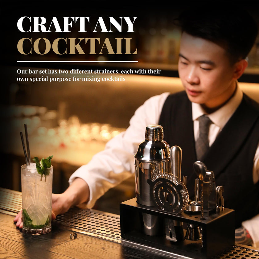 Mixology Bartender Kit with Stand | 15 Piece Bar Tool Set, Silver Bar Set Cocktail Shaker Set for Drink Mixing - Includes Martini Shaker, Jigger, Strainer, Bar Mixer Spoon, Tongs | Gift Idea (Silver) 🍁 All In One Marketplace Canada