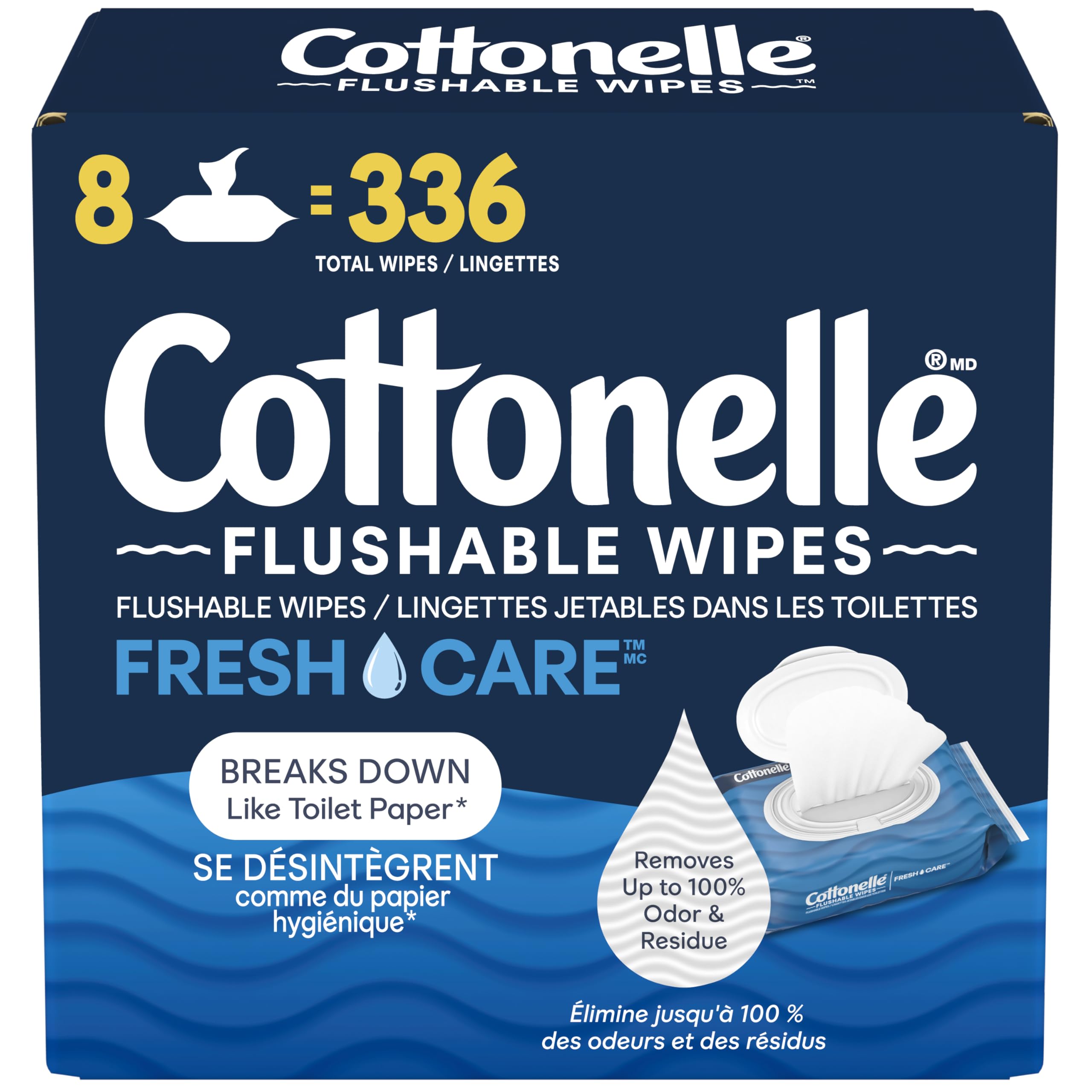 Flushable Wet Wipes; Cottonelle FreshCare; Biodegradable & Septic Safe; 8 Flip-Top Packs of 42 (336 Wipes) 🍁 All In One Marketplace Canada