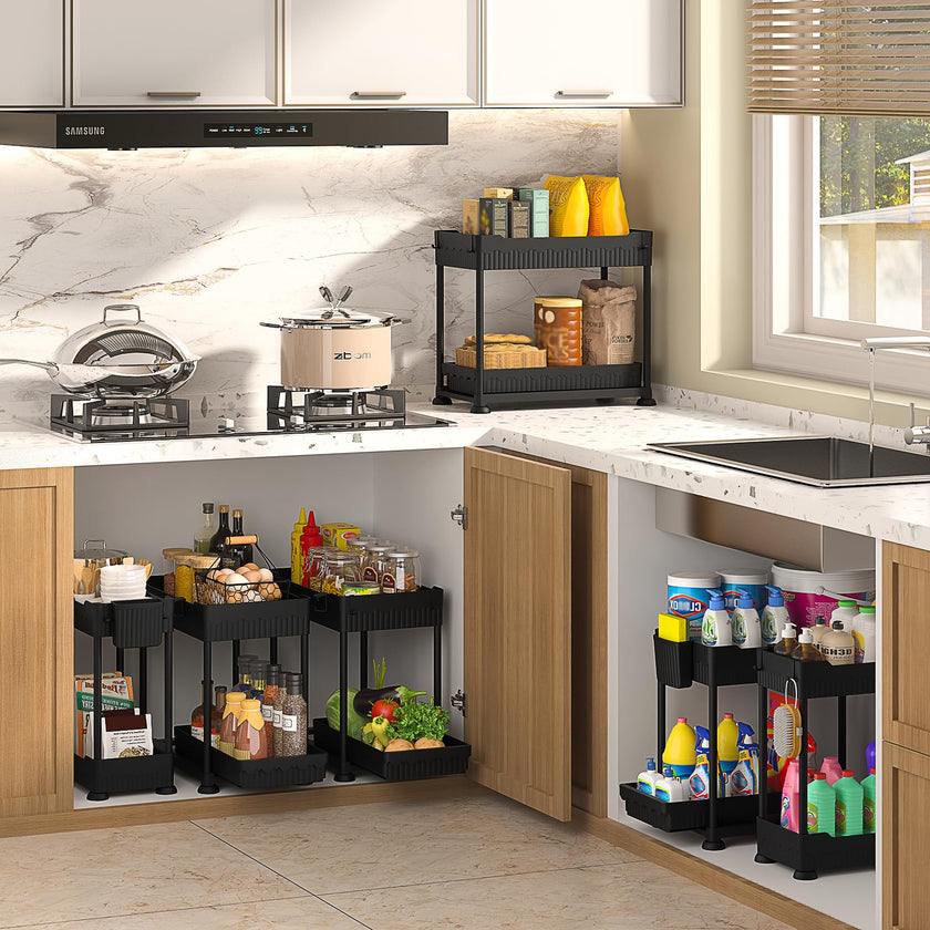 Sevenblue 4 Pack Under Sink Organizer and Storage,Bathroom Organizers, Multi-Use Under Sink Organizer for Bathroom and Kitchen with Sliding Drawer, Hang Hooks and Cup (Black, L) 🍁 All In One Marketplace Canada