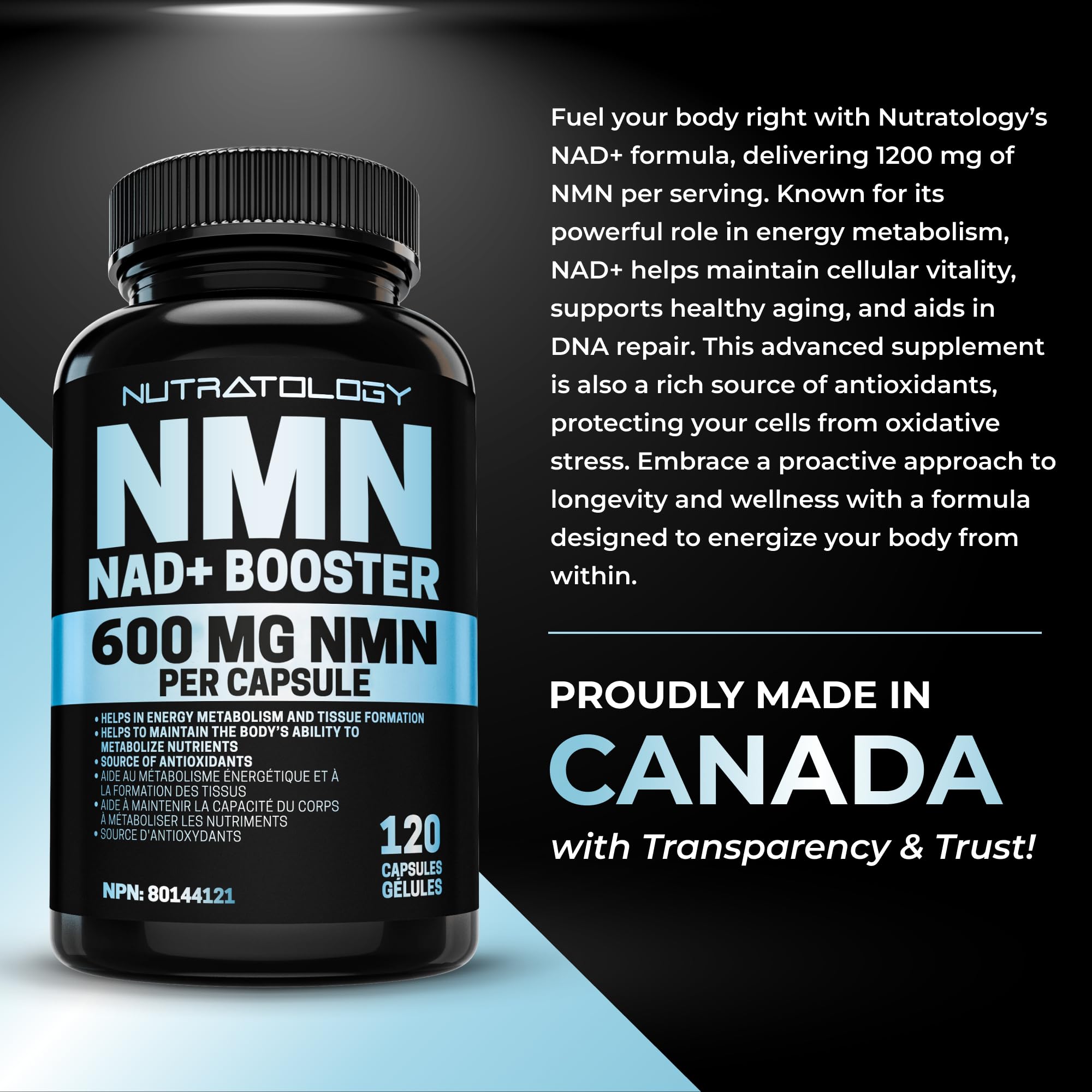 Nutratology® NMN Supplement - 1200 mg Per Serving - NAD+ Booster - Made In Canada - Premium 99% Purity - Protects Cellular Health & Supports Healthy Aging - 120 Capsules 🍁 All In One Marketplace Canada