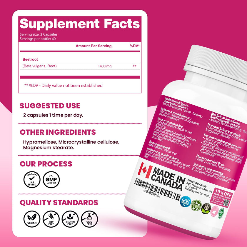 Nutrawave Organic Beetroot Capsules 1400mg – High Potency Nitric Oxide Booster for Energy, Heart & Brain Health – 120 Vegan, Non-GMO Beta Vulgaris Supplements – Raw Beet Root Powder with Vitamins & Antioxidants 🍁 All In One Marketplace Canada