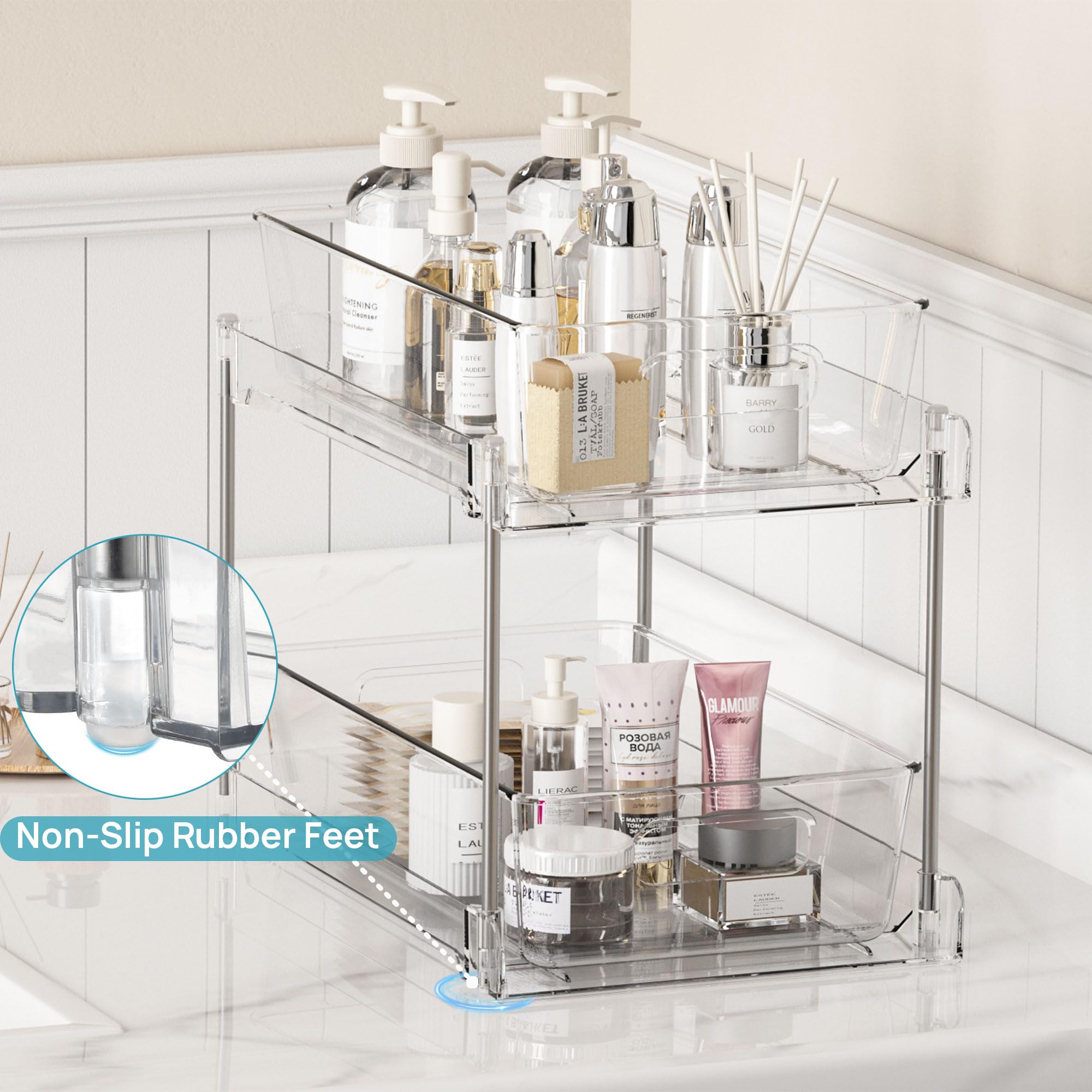 2 Tier Bathroom Organizer, Vtopmart 2 Pack Clear Under Sink Organizers Vanity Counter Storage Container, Medicine Cabinet Drawers Bins, Pull-Out Organization with Track for Pantry, Kitchen 🍁 All In One Marketplace Canada