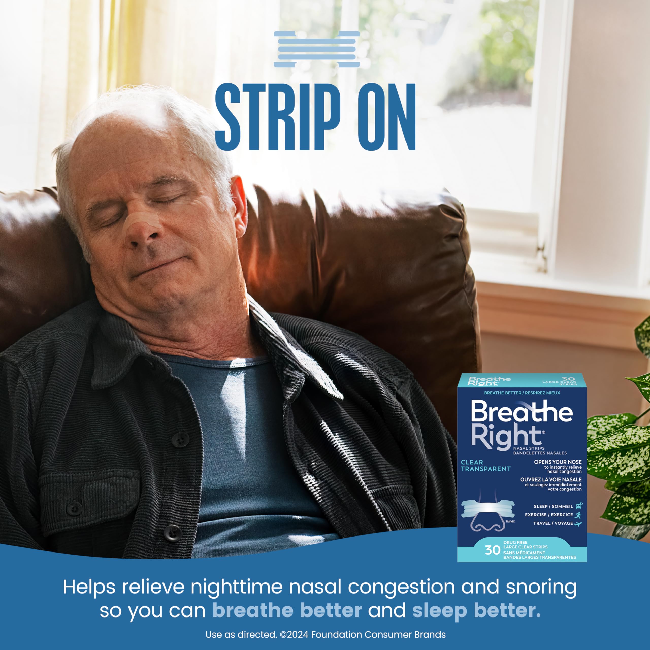 Breathe Right Nasal Strips, Original Large, Clear, Sensitive Skin, Drug-Free Snoring Solution & Nasal Congestion Relief Caused by Colds & Allergies, Nightly Sleep, 30 Count 🍁 All In One Marketplace Canada