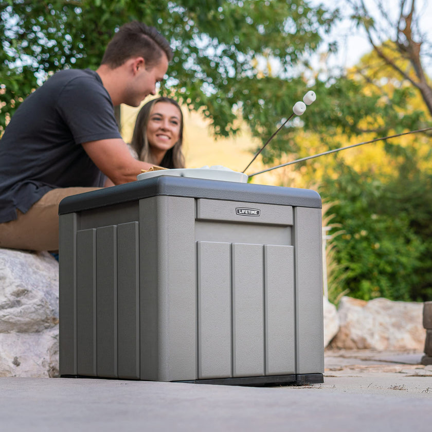 LIFETIME 25 Gallon Outdoor Storage Cube, Deckbox, Brown lid, Storage Box for Gardening Tools, Pool Supplies, Patio Furniture & More 🍁 All In One Marketplace Canada