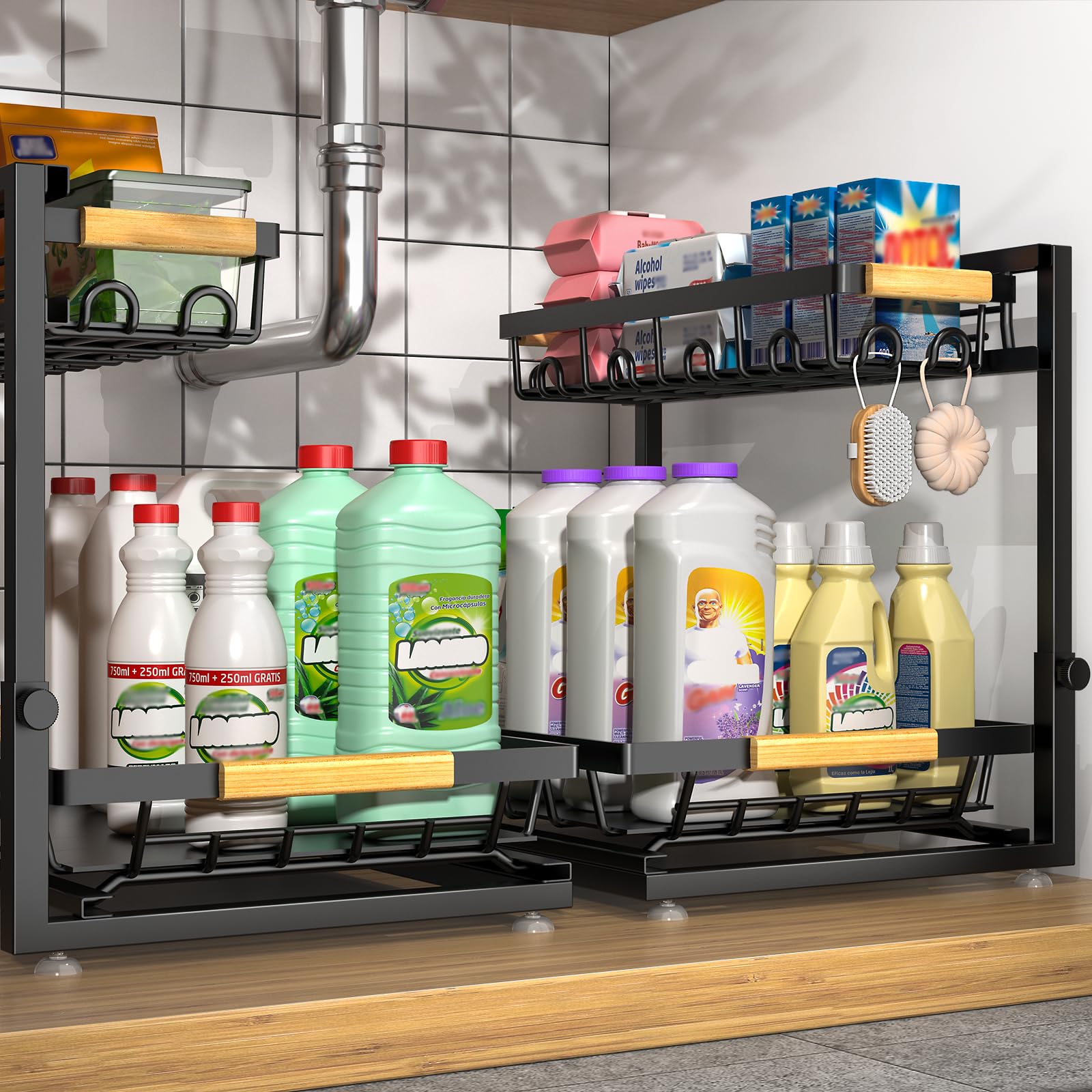 Sevenblue 2 Pack Under Sink Organizer, Height Adjustable 2 Tier Under Sink Organizer Kitchen, Multi-Purpose Storage Shelf for Kitchen Bathroom Cabinet (Black, Large) 🍁 All In One Marketplace Canada
