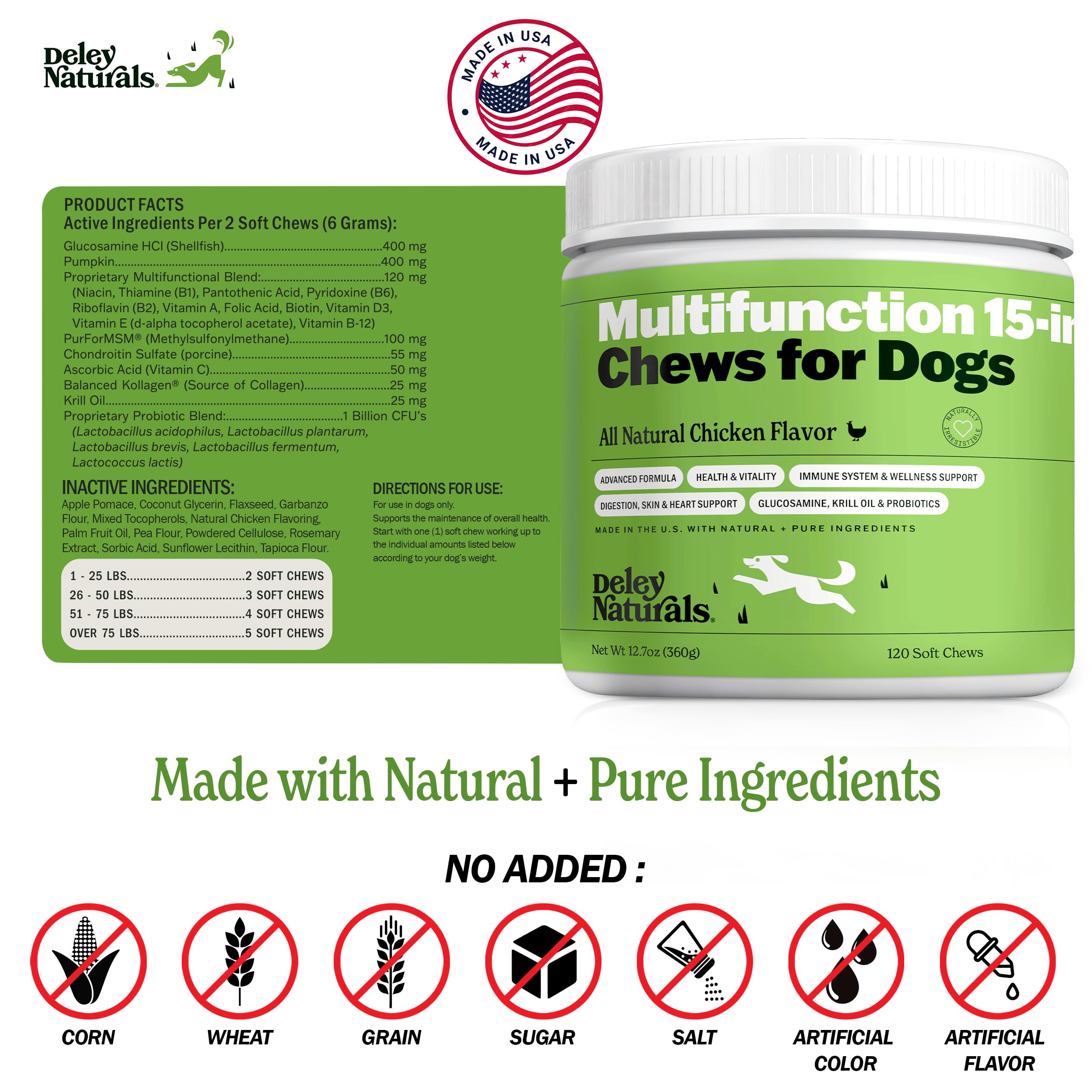 Deley Naturals Dog Multivitamins Chewable - 15 in 1 Dog Vitamins and Supplements for Immune System, Skin, Joint Support & Digestion - Multivitamin with MSM, Glucosamine & Chondroitin for All Ages 🍁 All In One Marketplace Canada