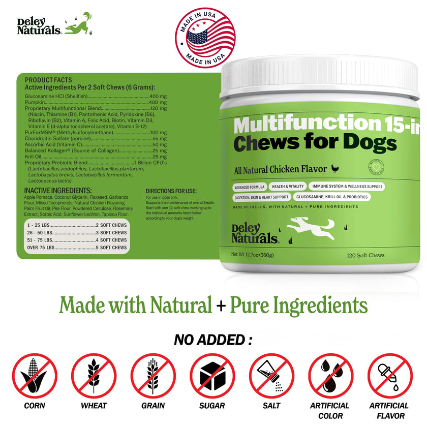 Deley Naturals Dog Multivitamins Chewable - 15 in 1 Dog Vitamins and Supplements for Immune System, Skin, Joint Support & Digestion - Multivitamin with MSM, Glucosamine & Chondroitin for All Ages 🍁 All In One Marketplace Canada