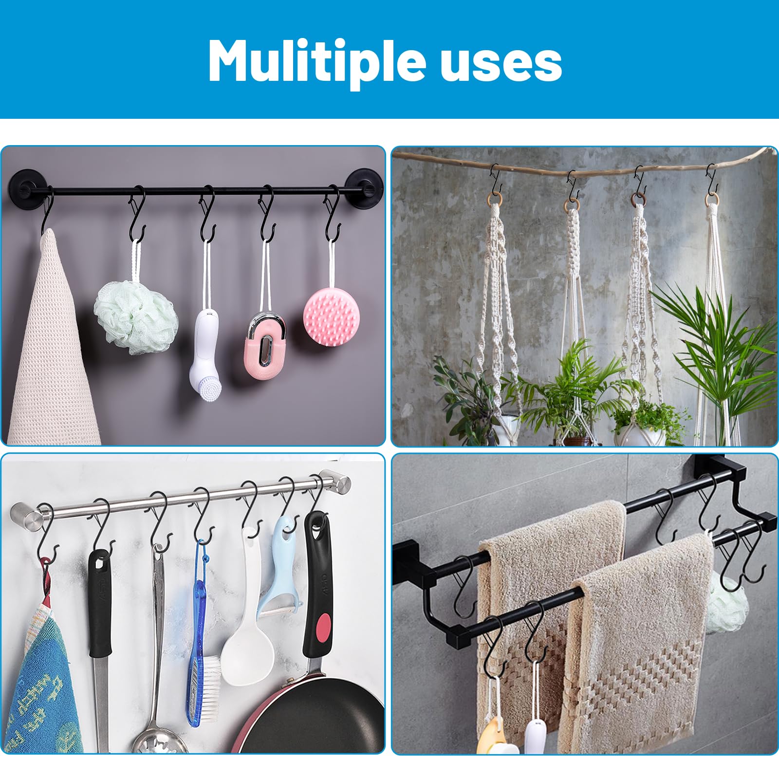 17 Pcs S Hooks for Hanging, Heavy Duty S Shaped Hooks Black, Kitchen Hooks, Closet Rod S Hanger Hooks for Plants, Pots, Towels and Bags, with Safety Buckle Design, 3.5 Inch 🍁 All In One Marketplace Canada