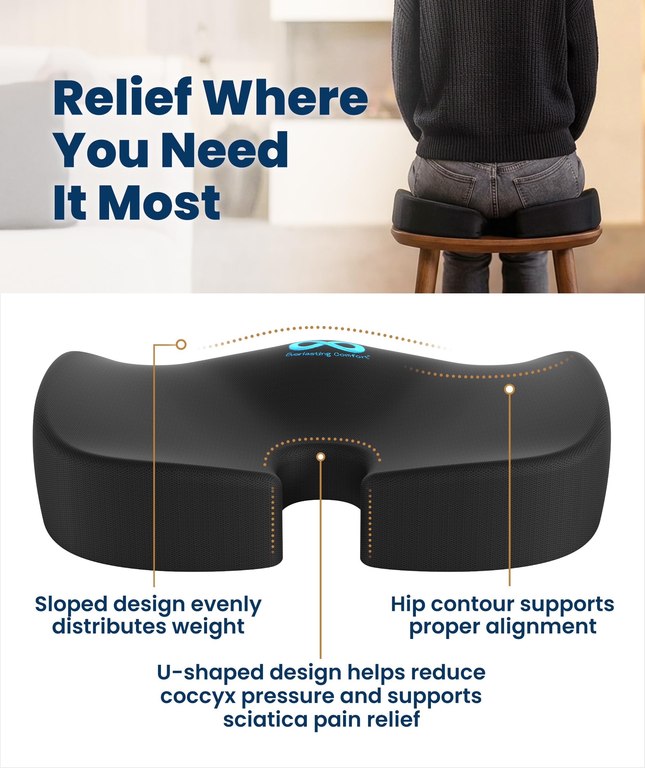 Everlasting Comfort Doctor Recommended Memory Foam Seat Cushion for Office Chairs & Car - Ergonomic Office Desk Accessories - Cushions for Tailbone Pain Relief, Sciatica (Black, Large) 🍁 All In One Marketplace Canada
