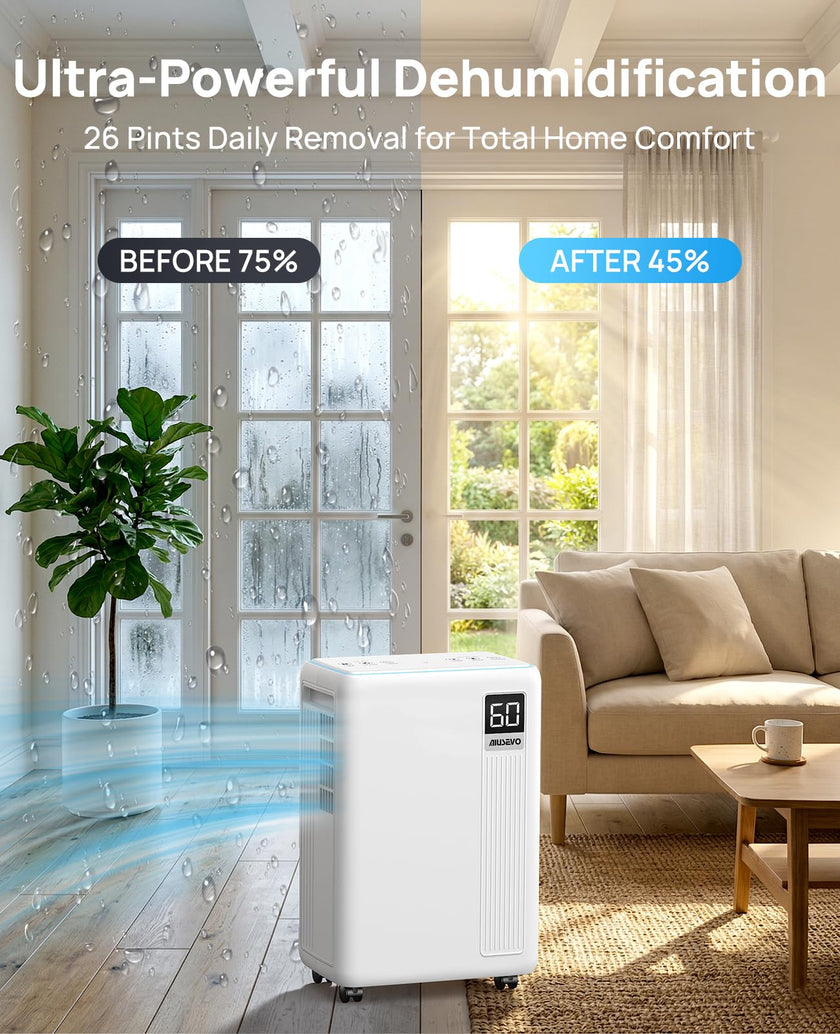 AIUSEVO 26 Pint Dehumidifiers for Basements & Home (Up to 2500 Sq.Ft), Ultra Quiet 40dB Bedroom Dehumidifier with 3 Modes, Continuous Drain & Auto Defrost to Reduce Moisture & Musty Odors 🍁 All In One Marketplace Canada